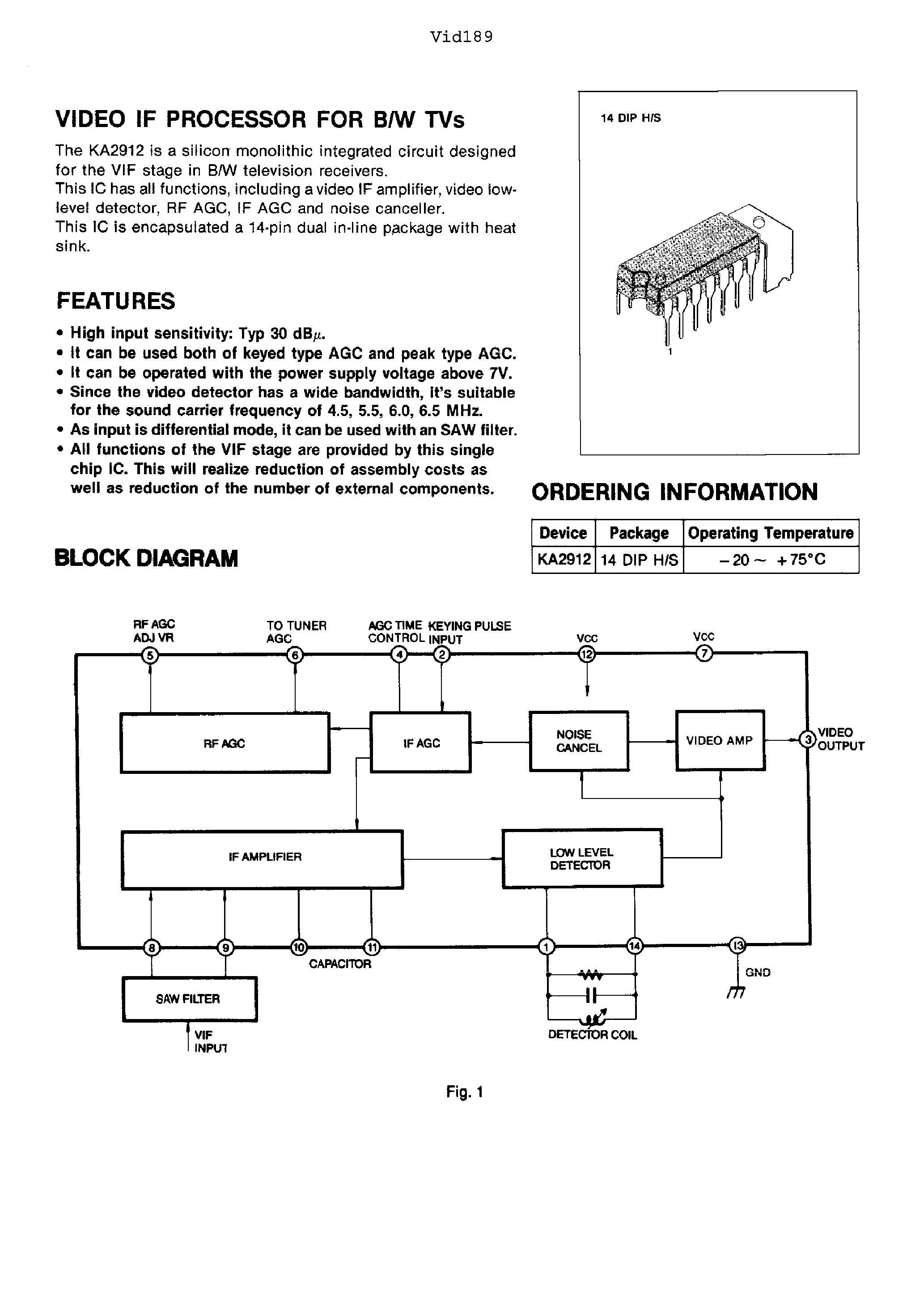 Datasheet KA2912 - VIDEO IF PROCESSOR FOR B/W TVs page 1