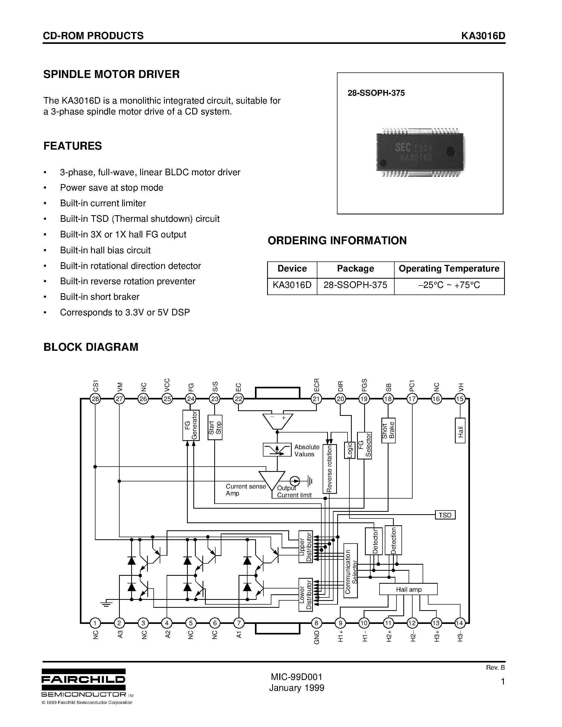 Даташит KA3016D - SPINDLE MOTOR DRIVER страница 1