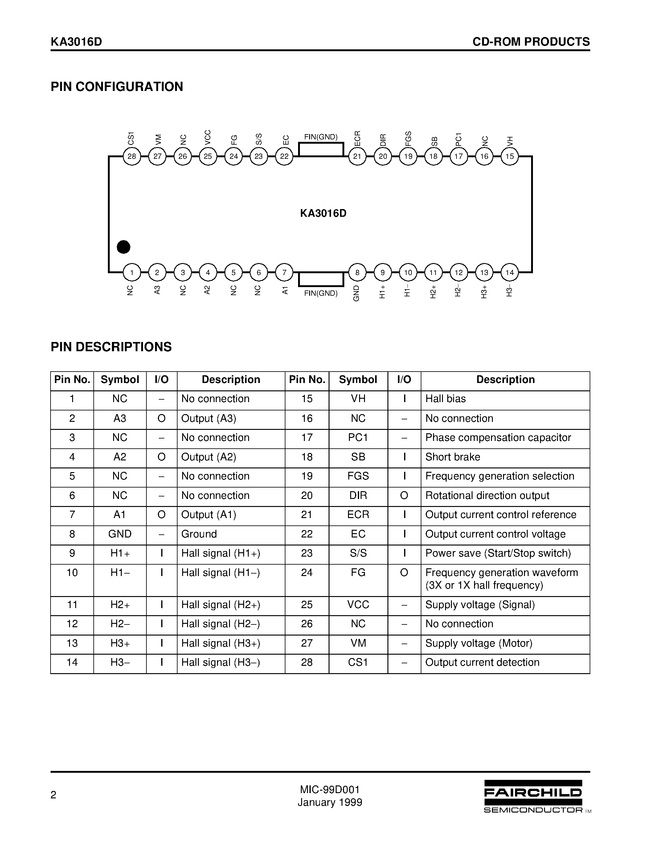 Даташит KA3016D - SPINDLE MOTOR DRIVER страница 2