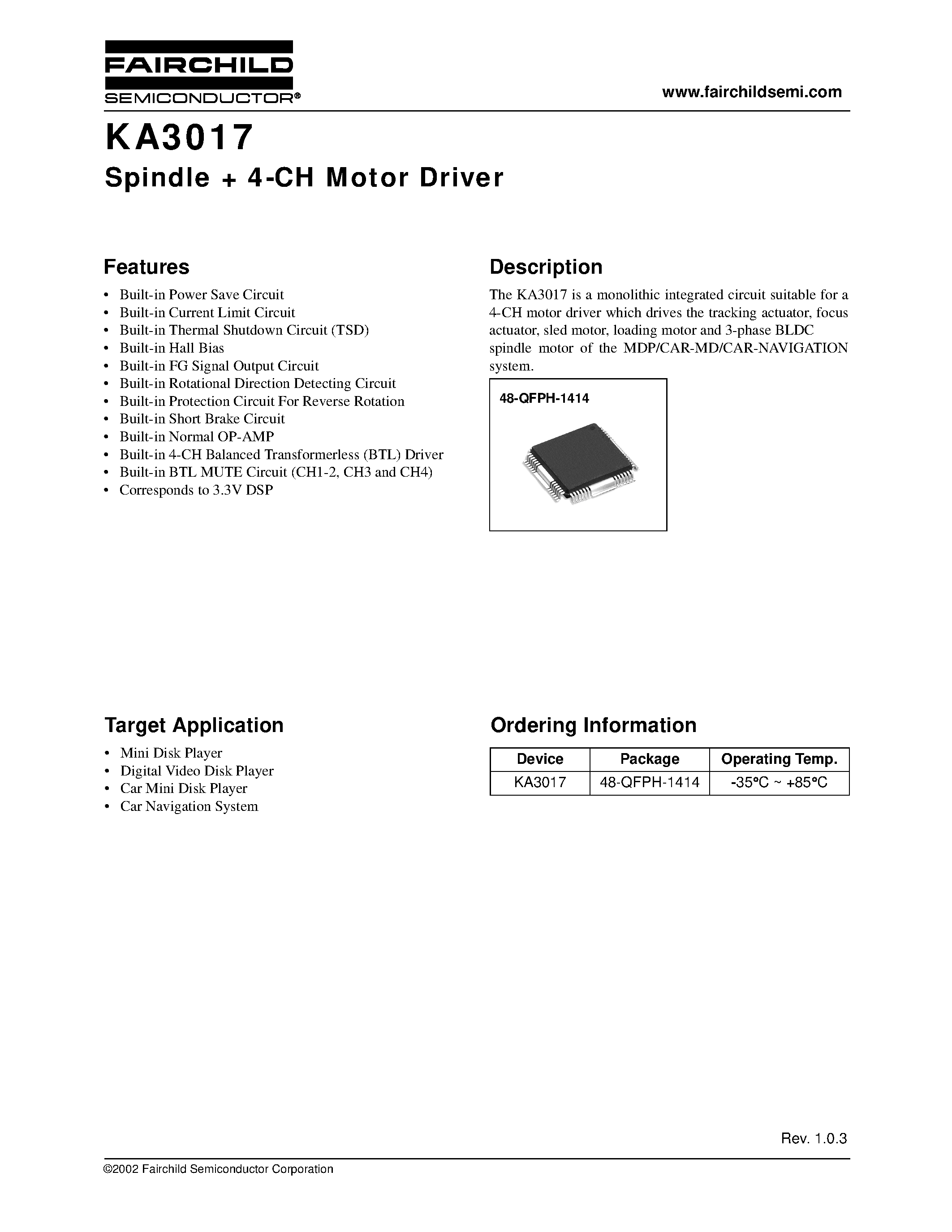 Даташит KA3017 - Spindle + 4-CH Motor Driver страница 1