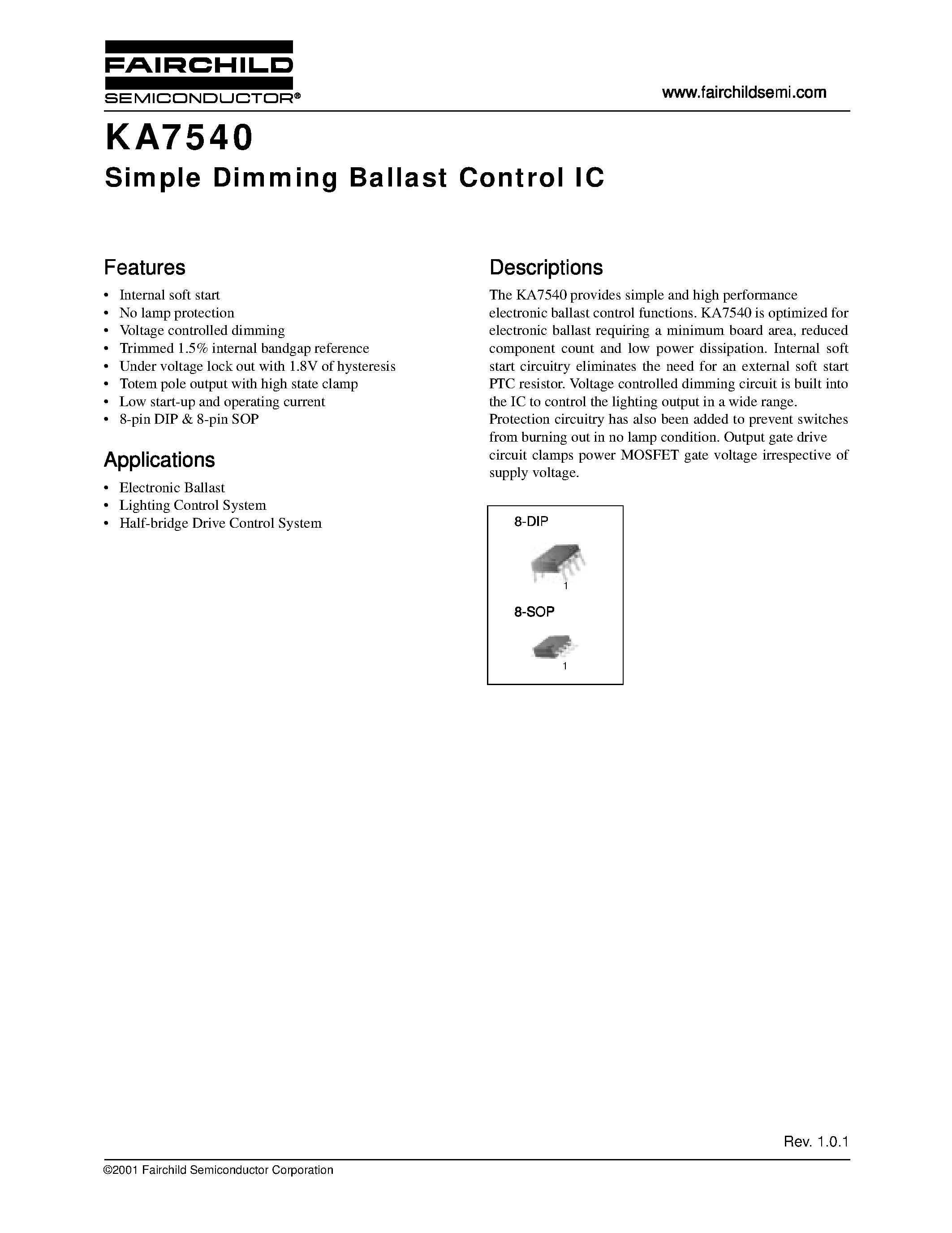 Datasheet KA7540 - Simple Dimming Ballast Control IC page 1