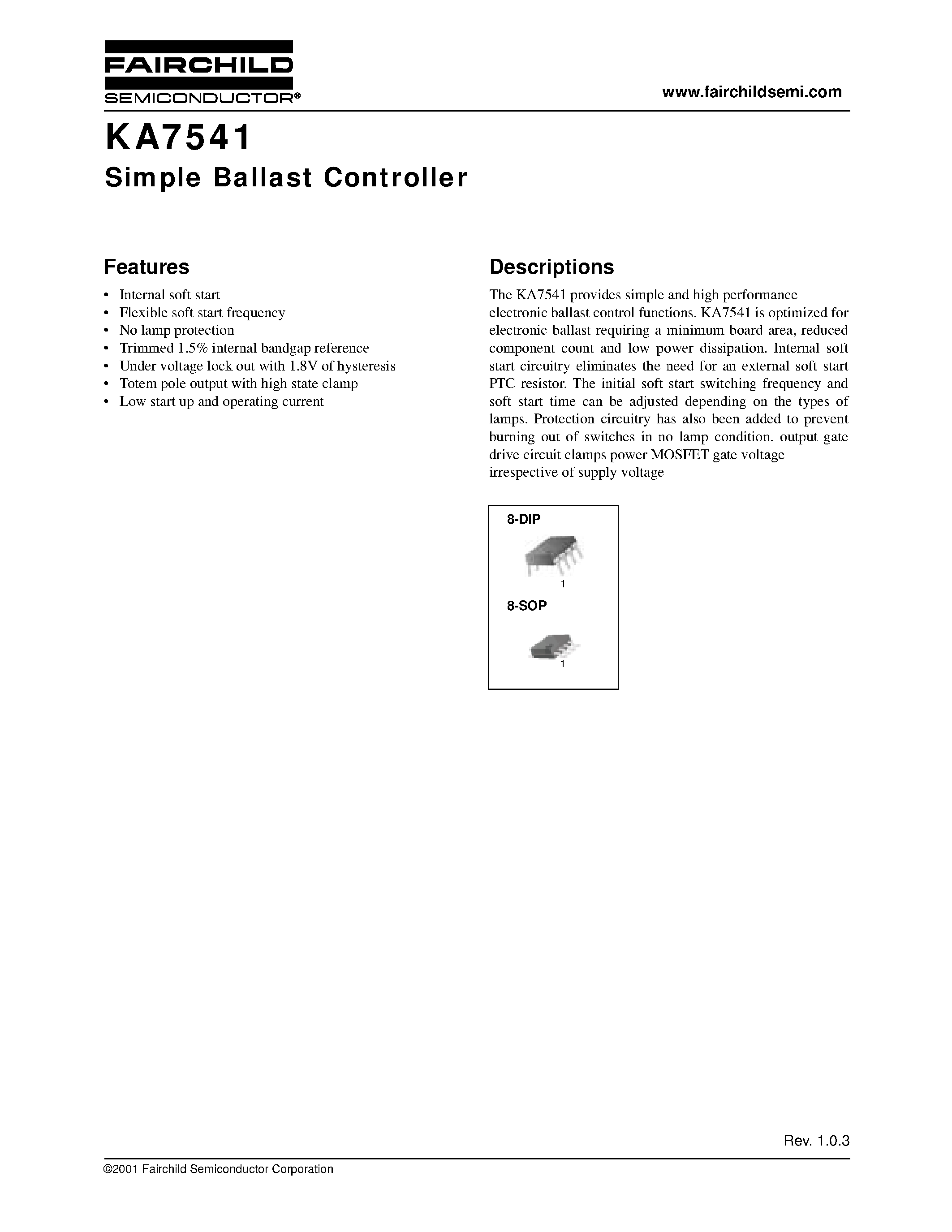 Datasheet KA7541 - Simple Ballast Controller page 1