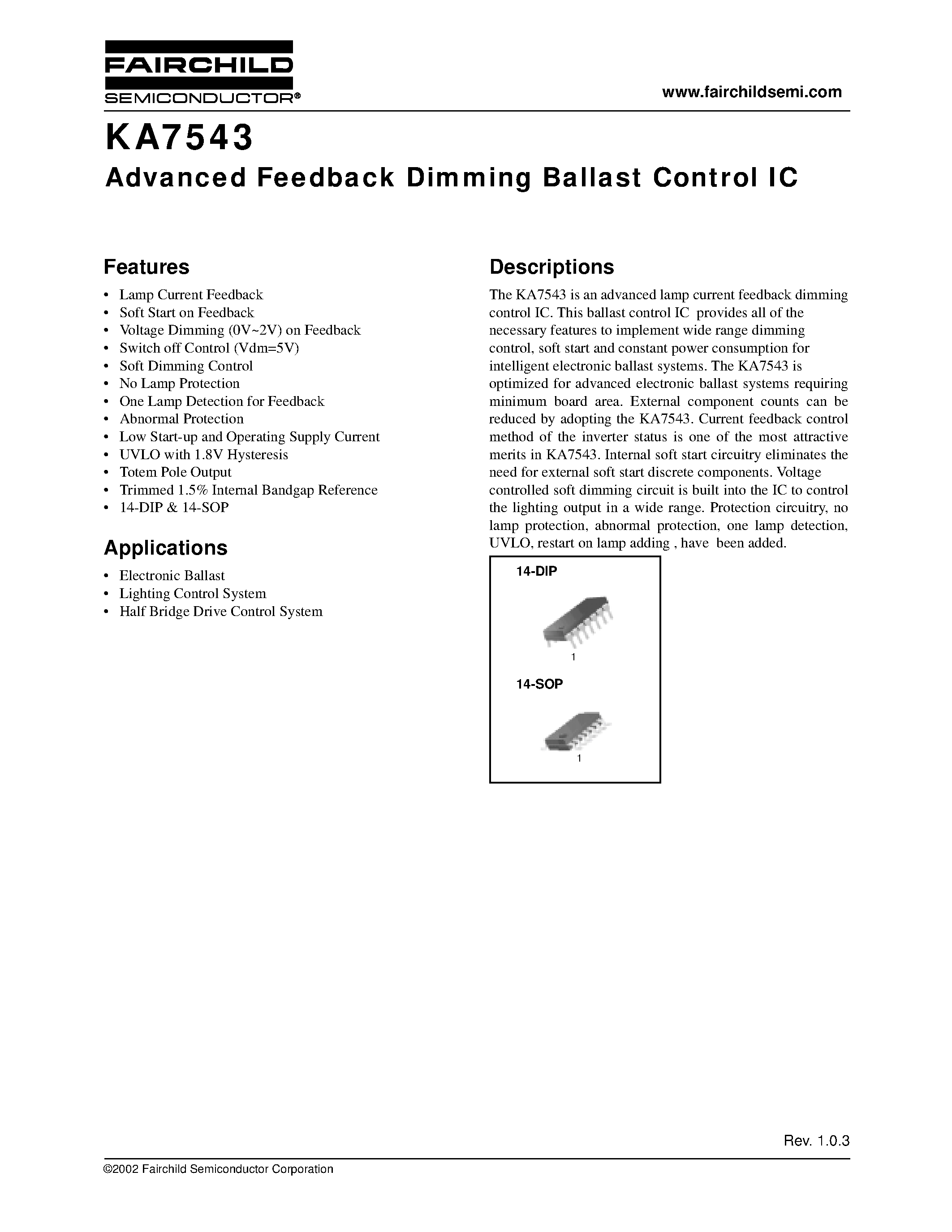 Datasheet KA7543 - Advanced Feedback Dimming Ballast Control IC page 1