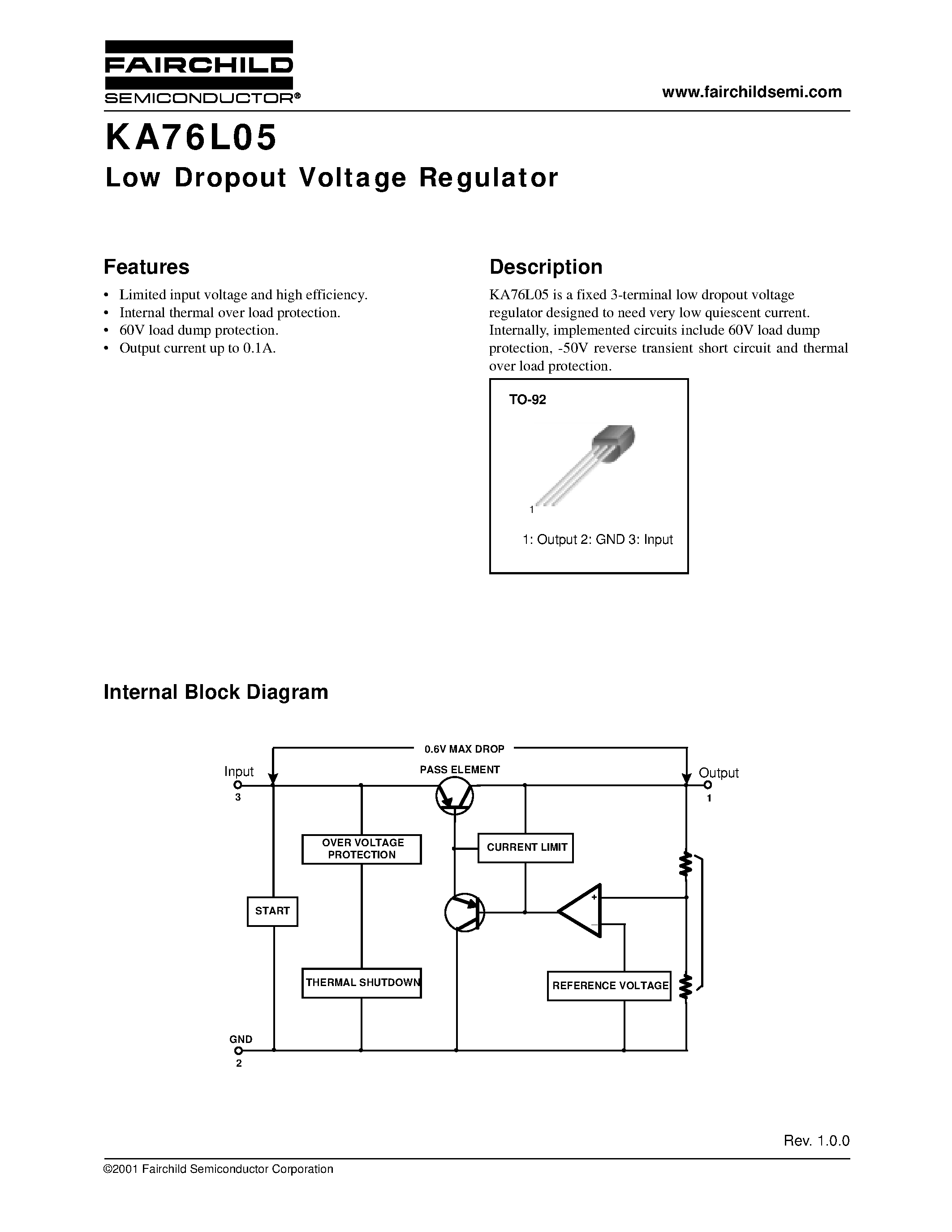 Datasheet KA76L05 - Low Dropout Voltage Regulator page 1