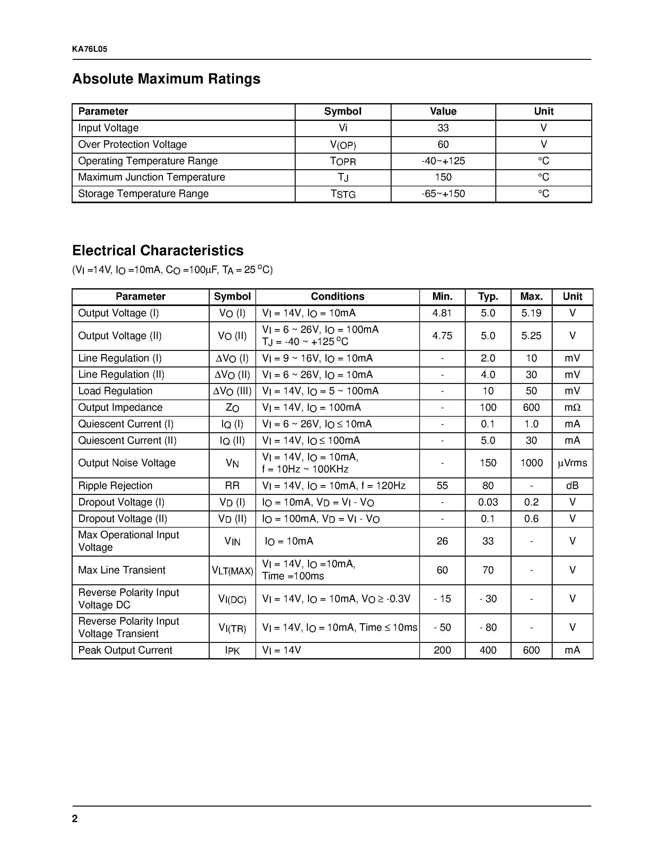 Datasheet KA76L05 - Low Dropout Voltage Regulator page 2