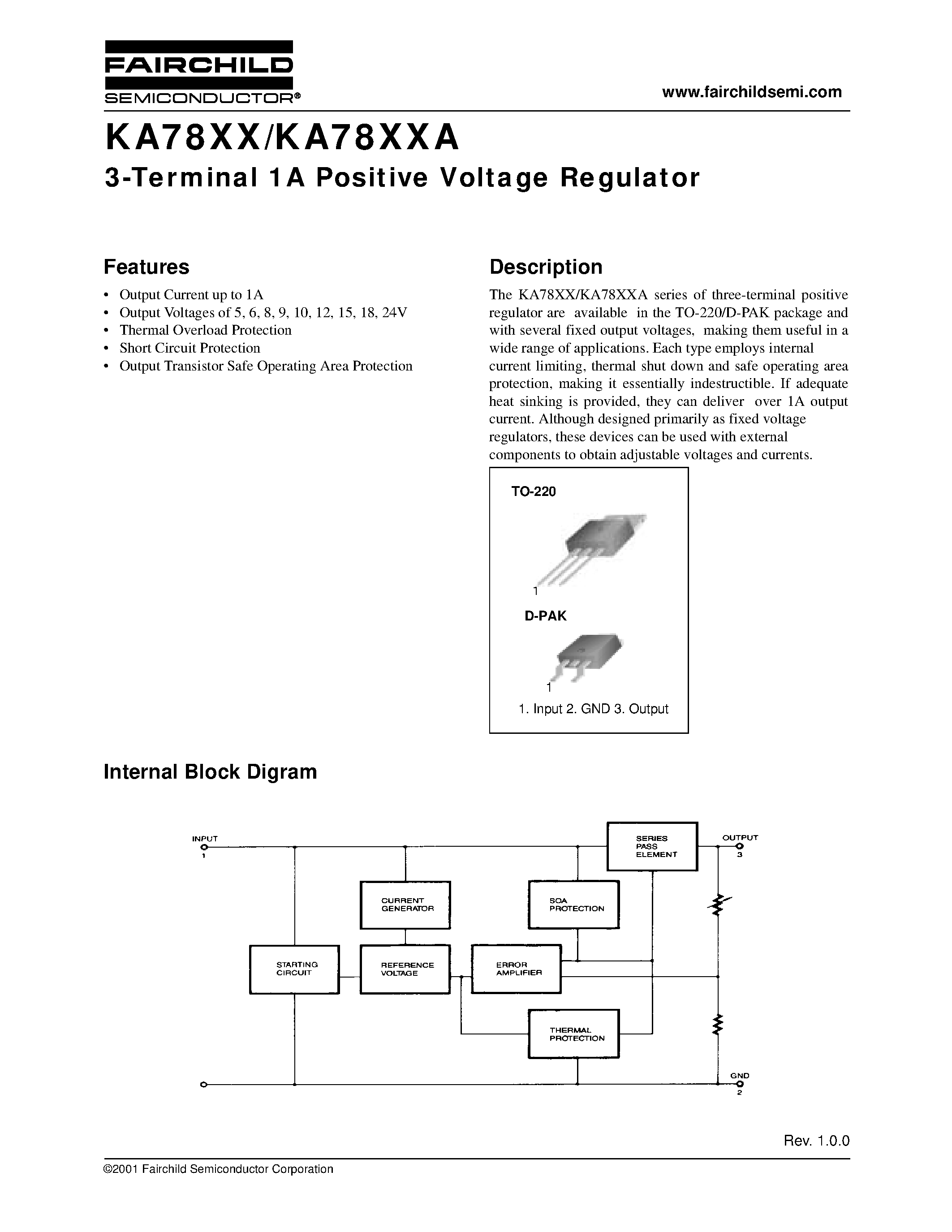 Datasheet KA7805 - 3-Terminal 1A Positive Voltage Regulator page 1