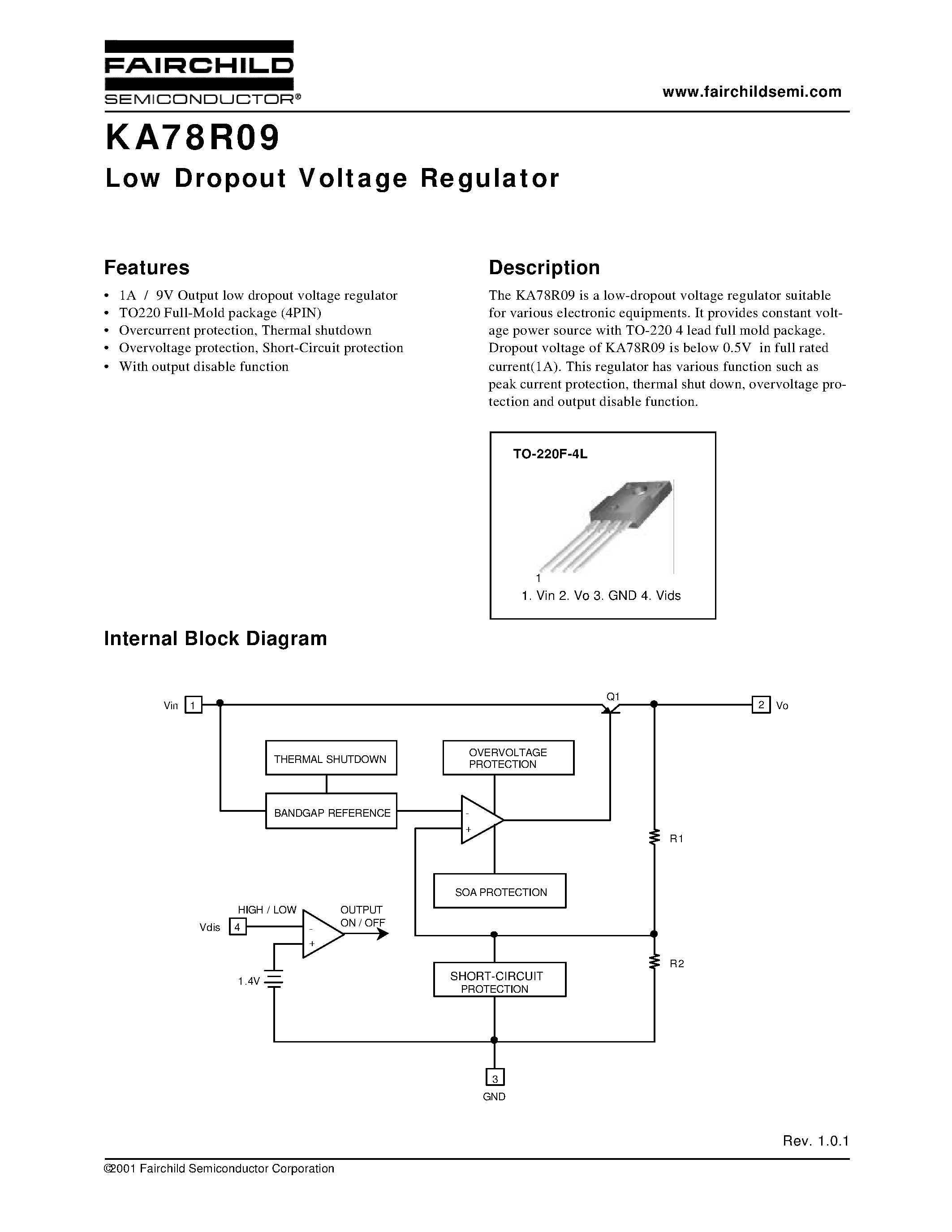 Datasheet KA78R09 - Low Dropout Voltage Regulator page 1