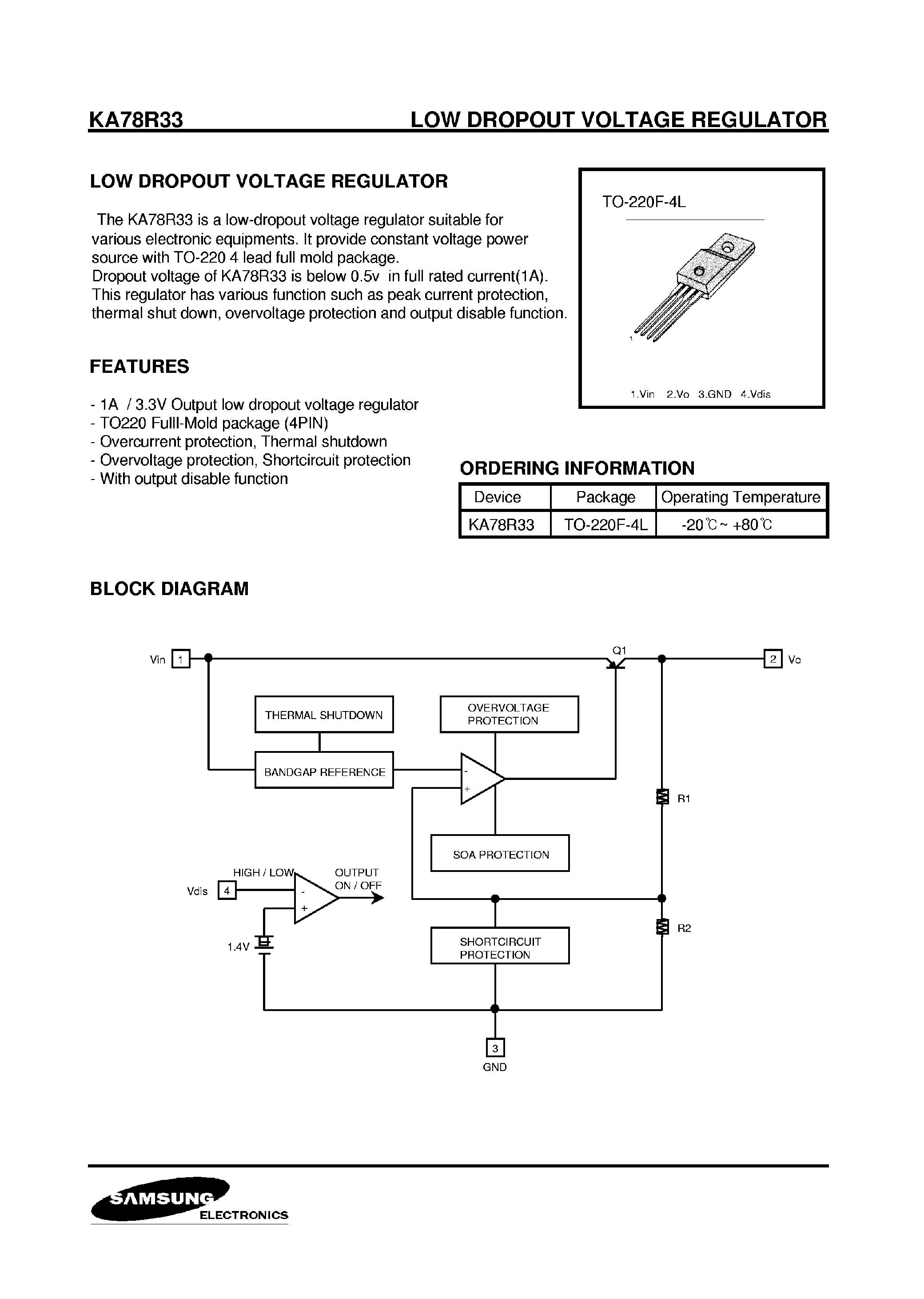 Даташит KA78R33 - LOW DROPOUT VOLTAGE REGULATOR страница 1