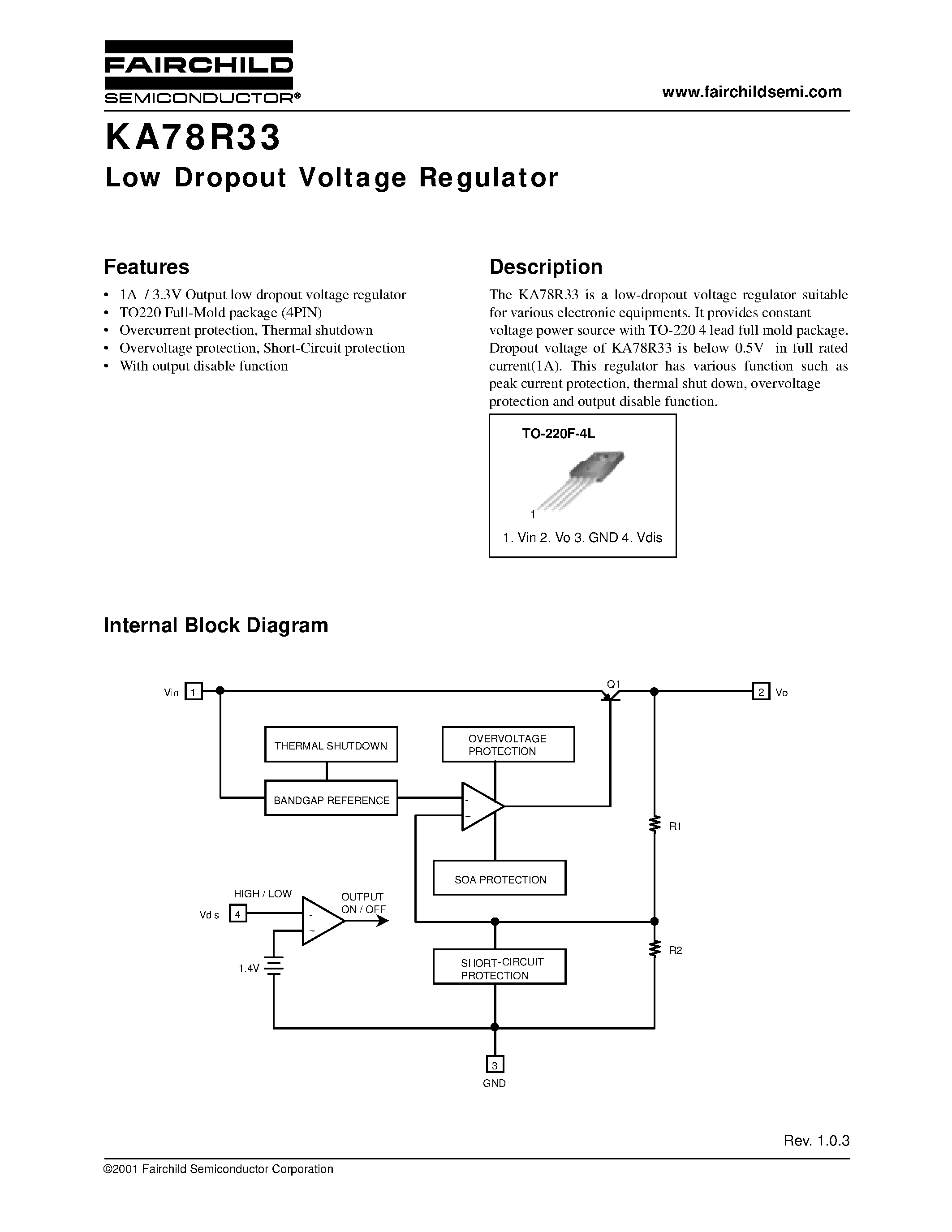 Datasheet KA78R33 - Low Dropout Voltage Regulator page 1