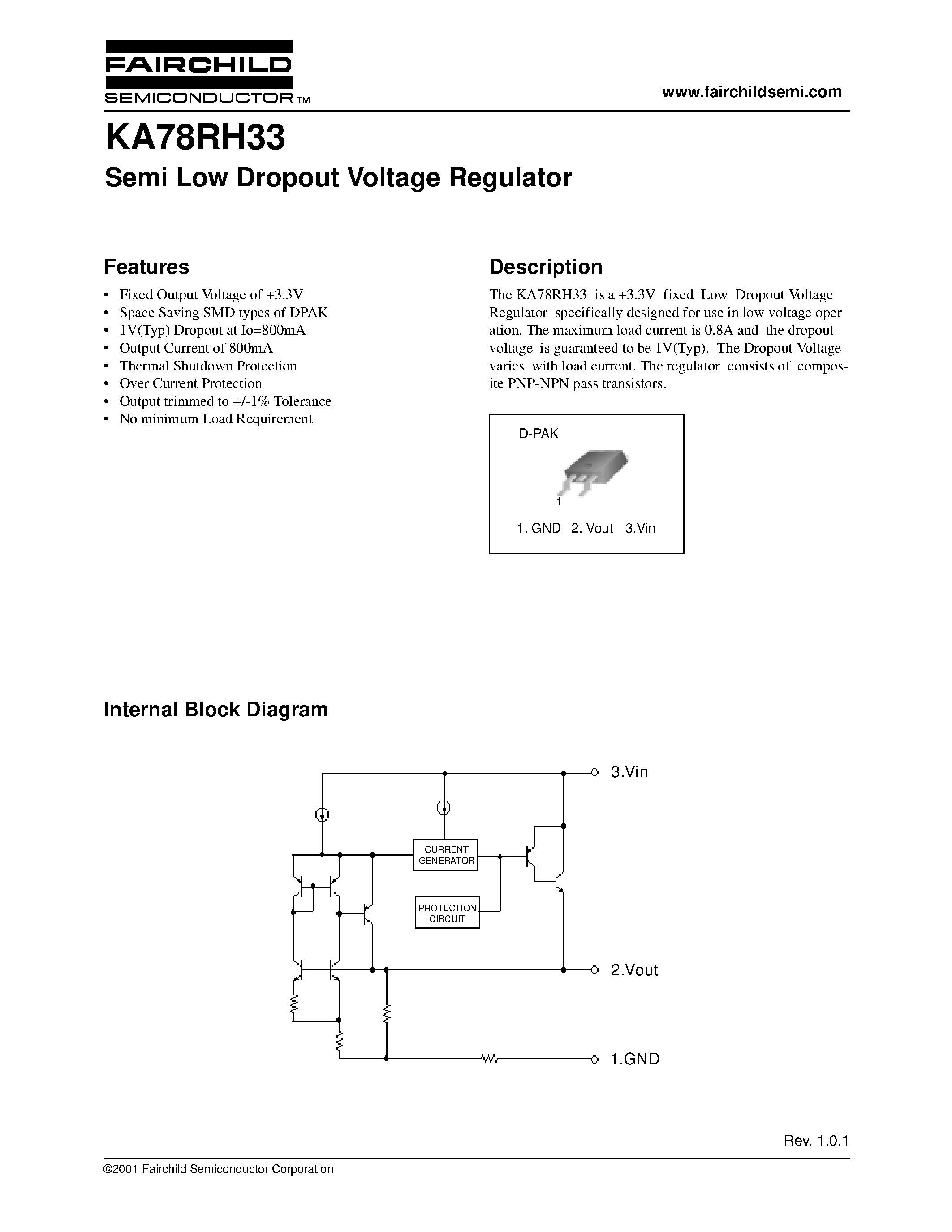 Datasheet KA78RH33 - Semi Low Dropout Voltage Regulator page 1