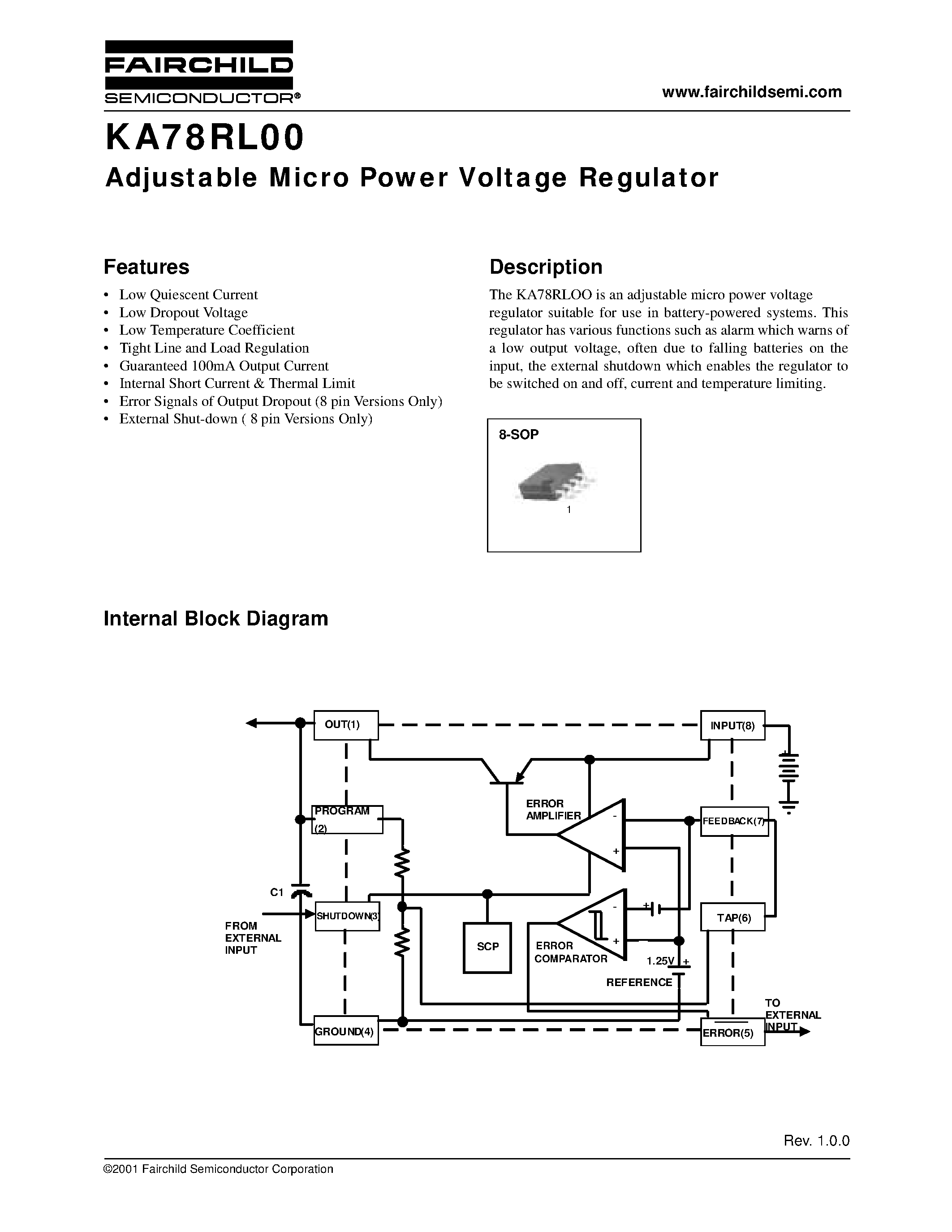 Datasheet KA78RL00 - Adjustable Micro Power Voltage Regulator page 1