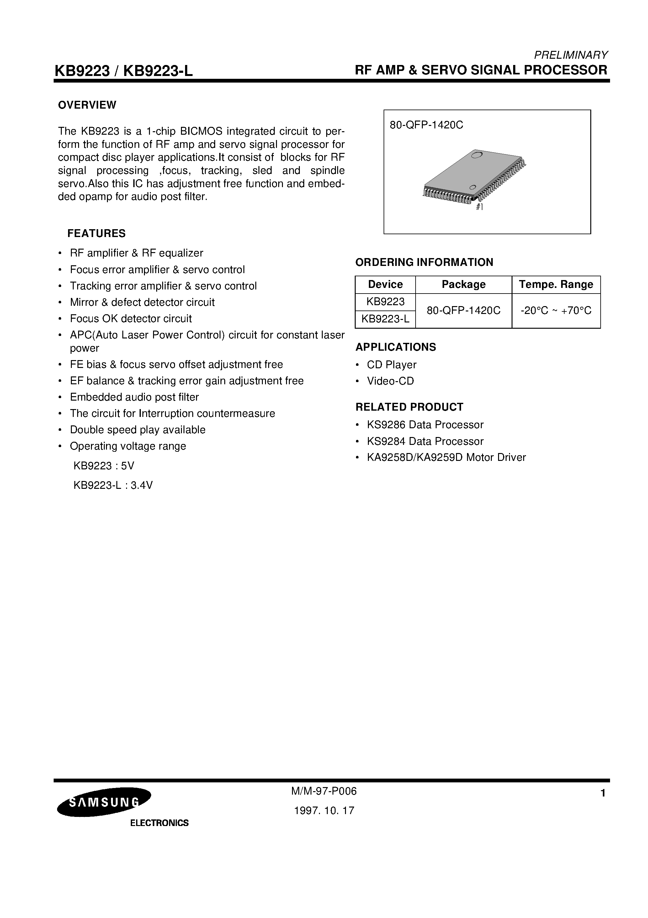 Даташит KB9223-L - RF AMP & SERVO SIGNAL PROCESSOR страница 1