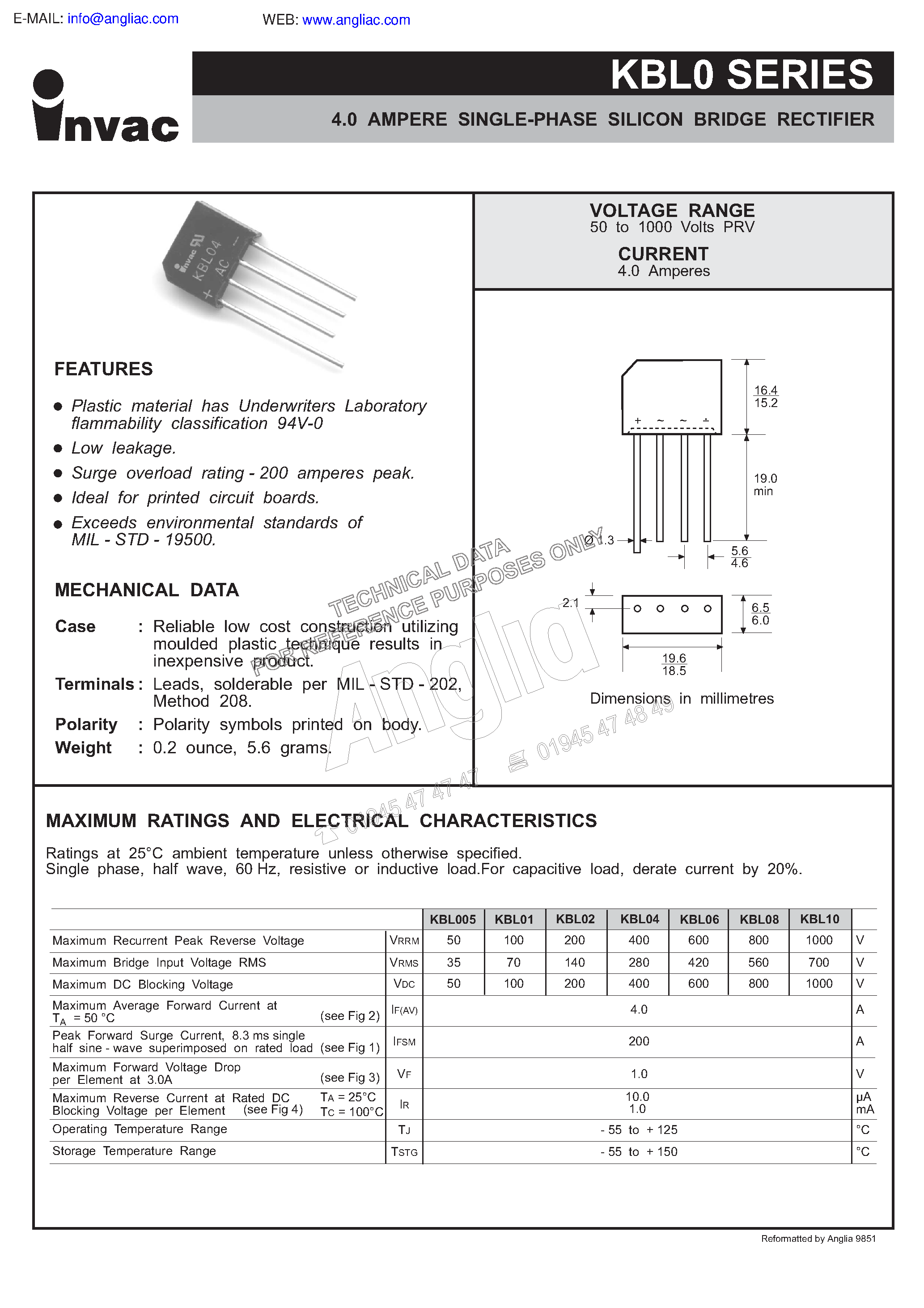 Datasheet KBL02 - 4.0 AMPERE SINGLE-PHASE SILICON BRIDGE RECTIFIER page 1