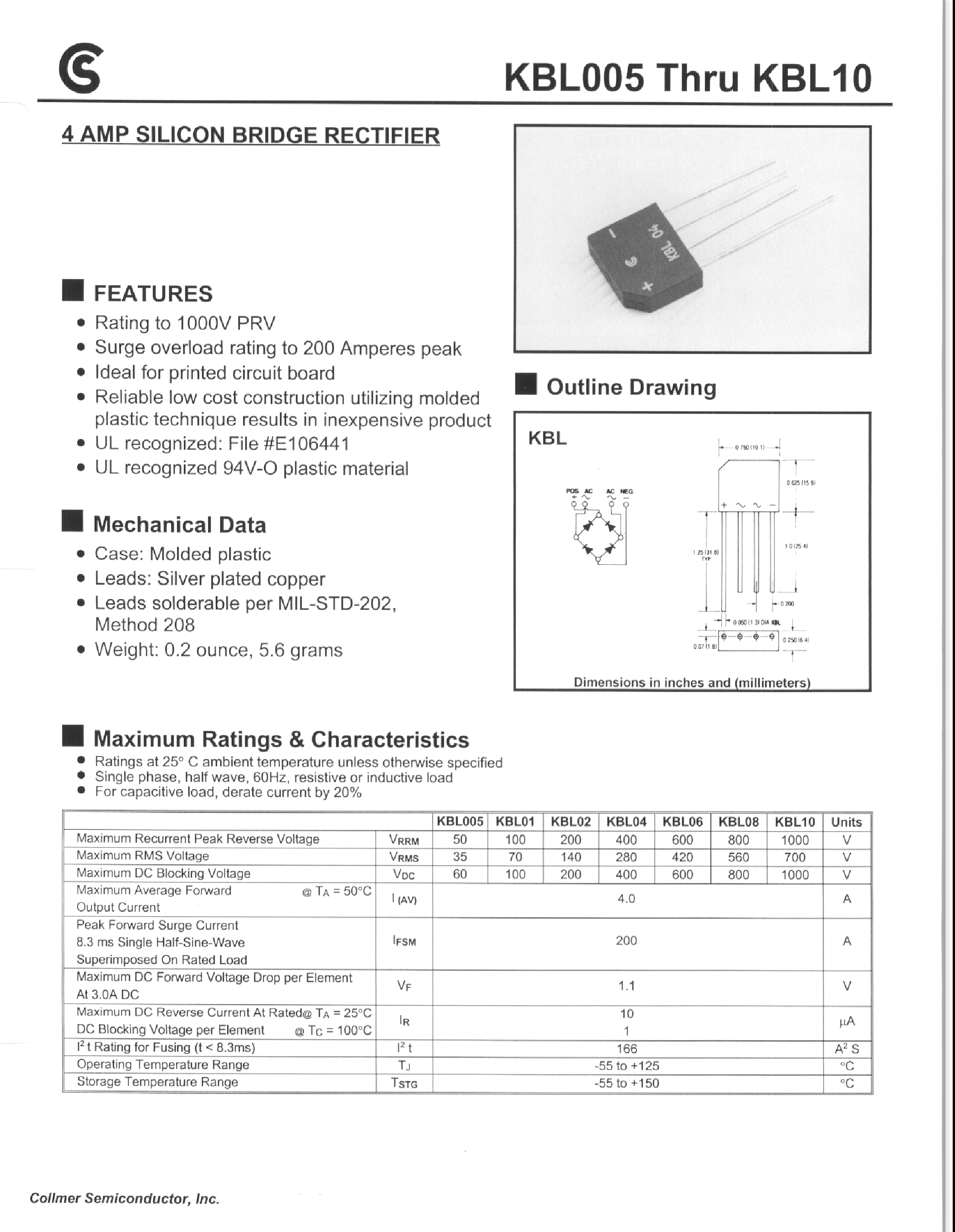 Datasheet KBL04 - 4 AMP SILICON BRIDGE RECTIFIER page 1