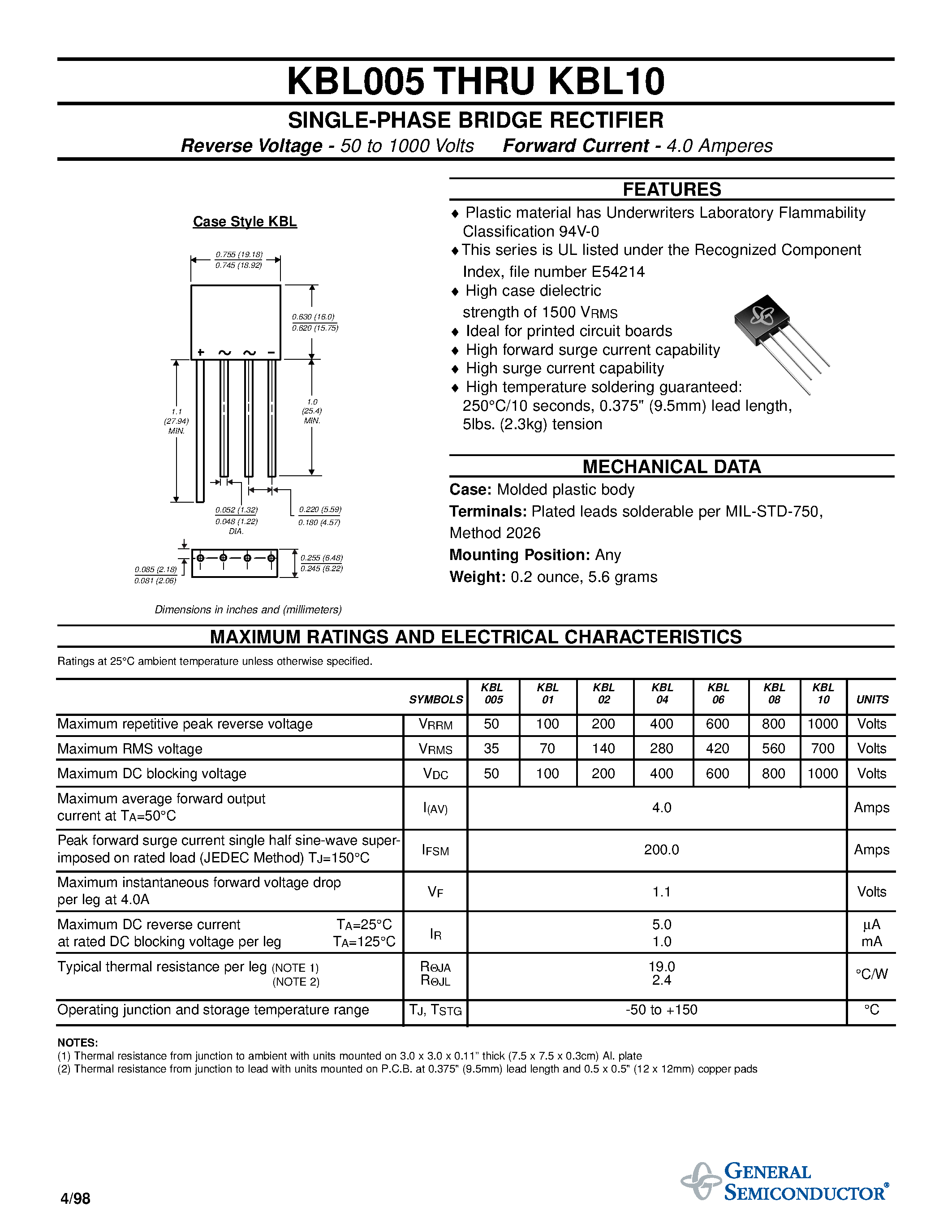 Datasheet KBL04 - SINGLE-PHASE BRIDGE RECTIFIER page 1