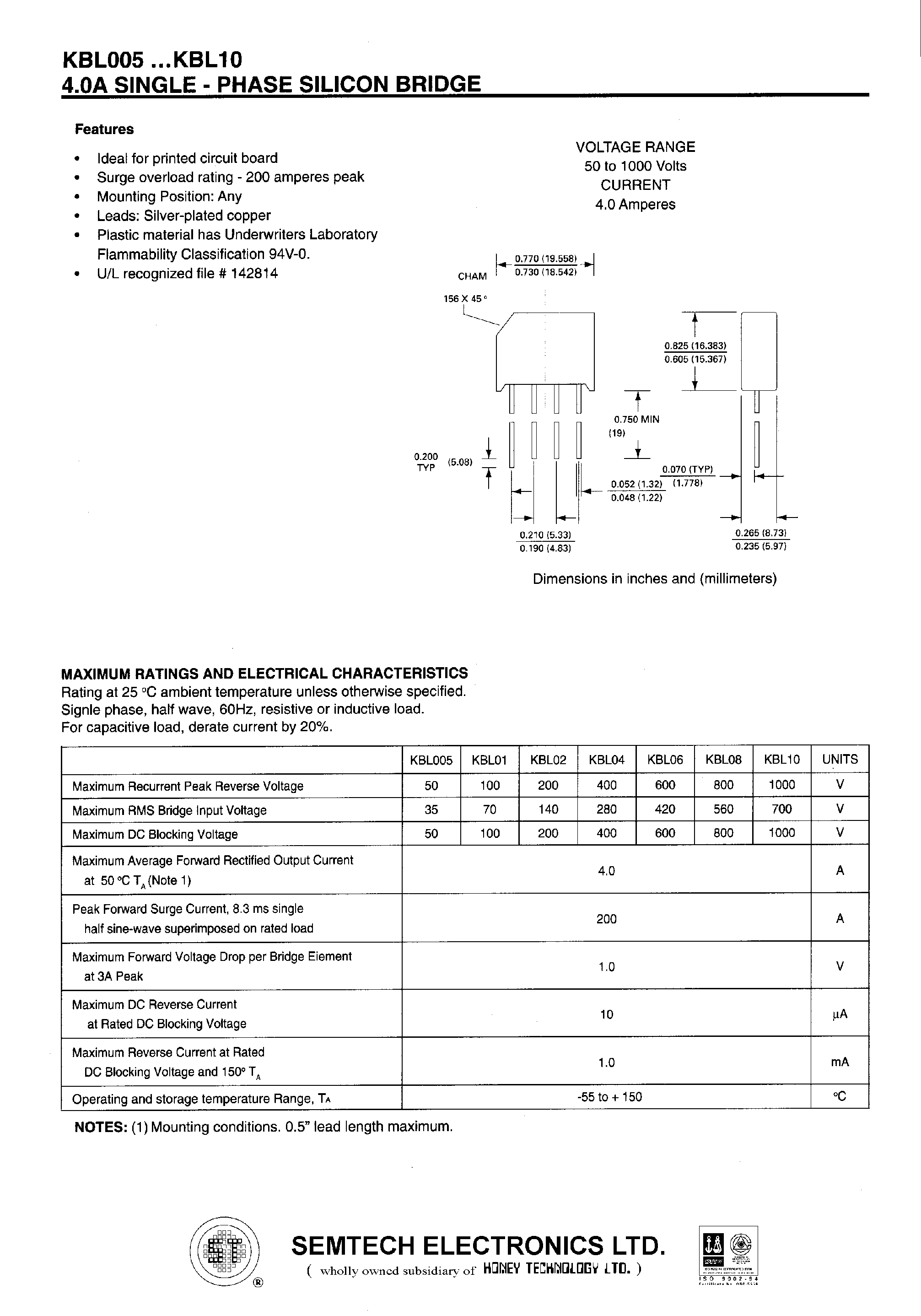 Datasheet KBL04 - 4.0A SINGLE - PHASE SILICON BRIDGE page 1