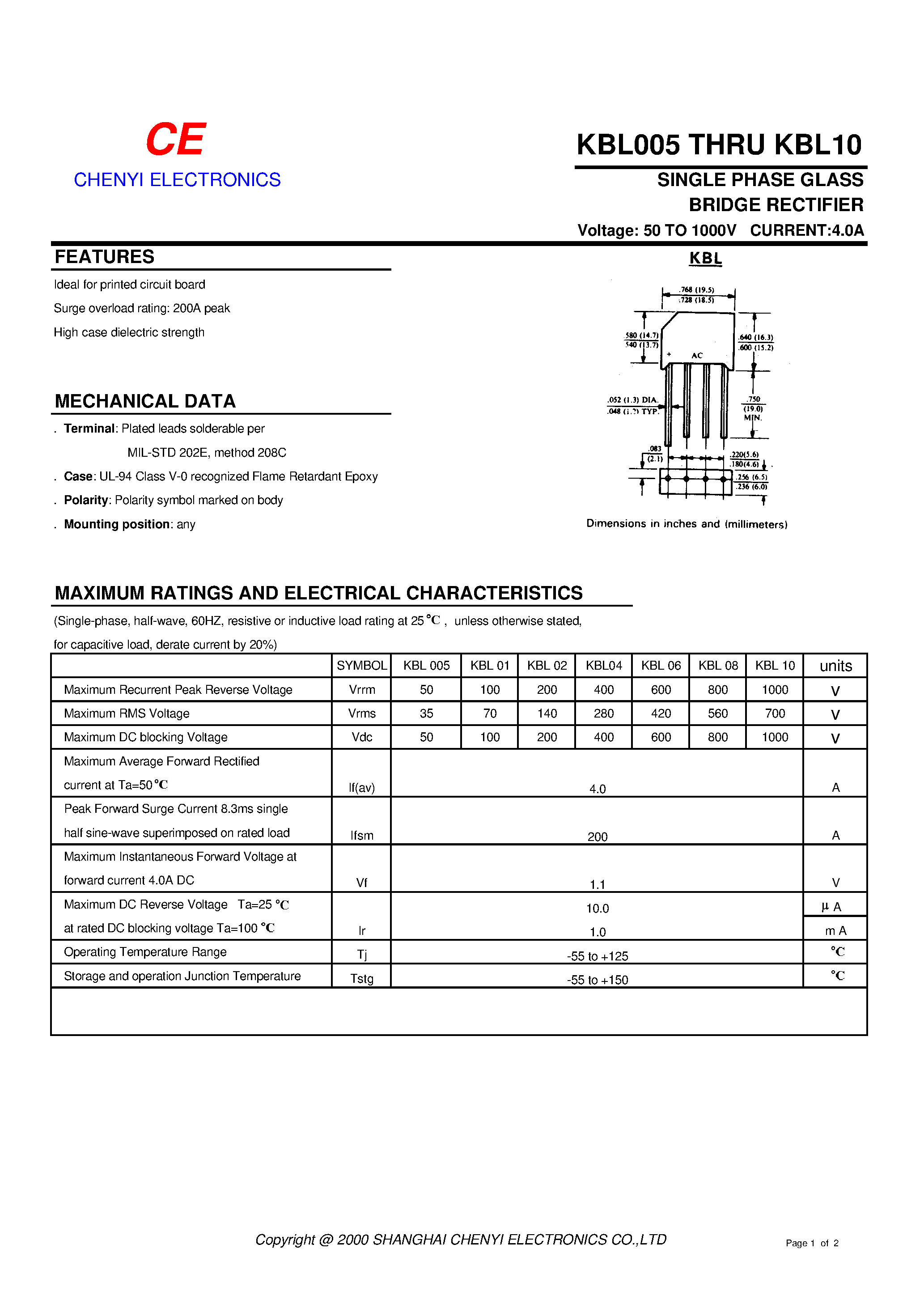 Datasheet KBL04 - SINGLE PHASE GLASS BRIDGE RECTIFIER page 1