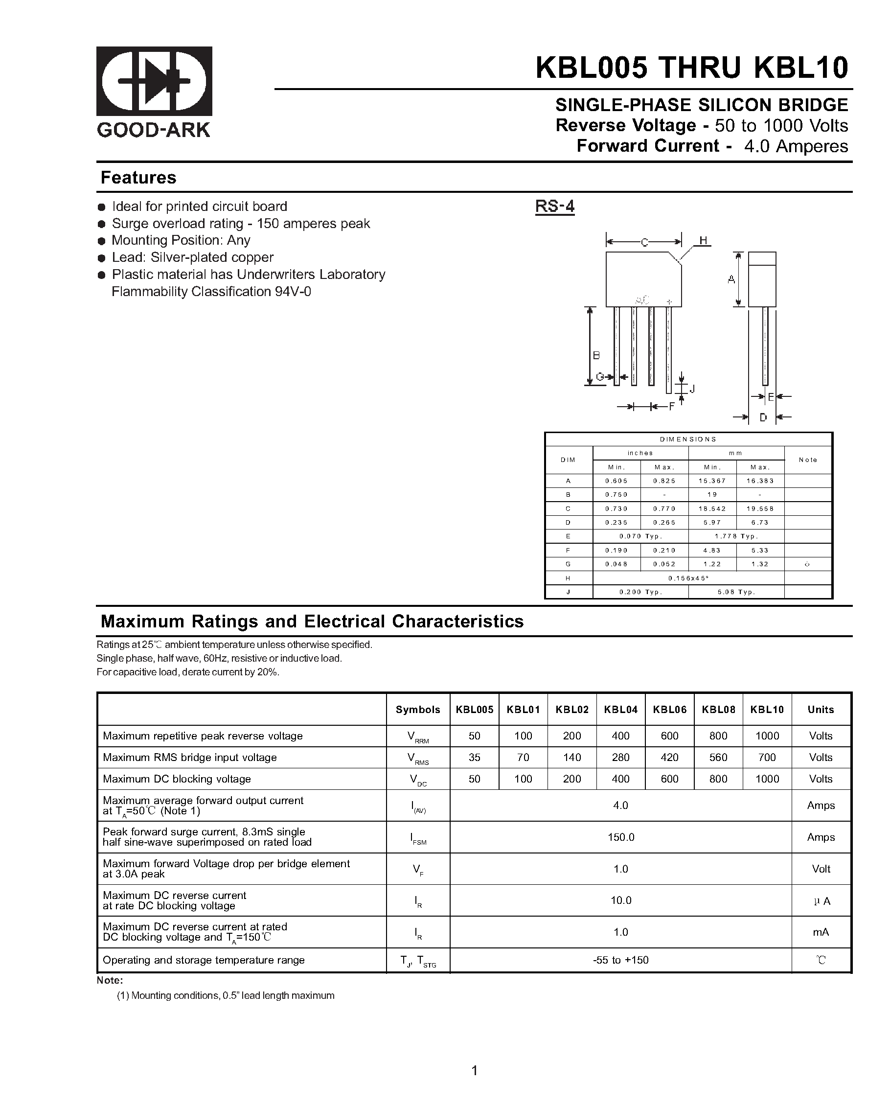 Datasheet KBL06 - SINGLE-PHASE SILICON BRIDGE page 1