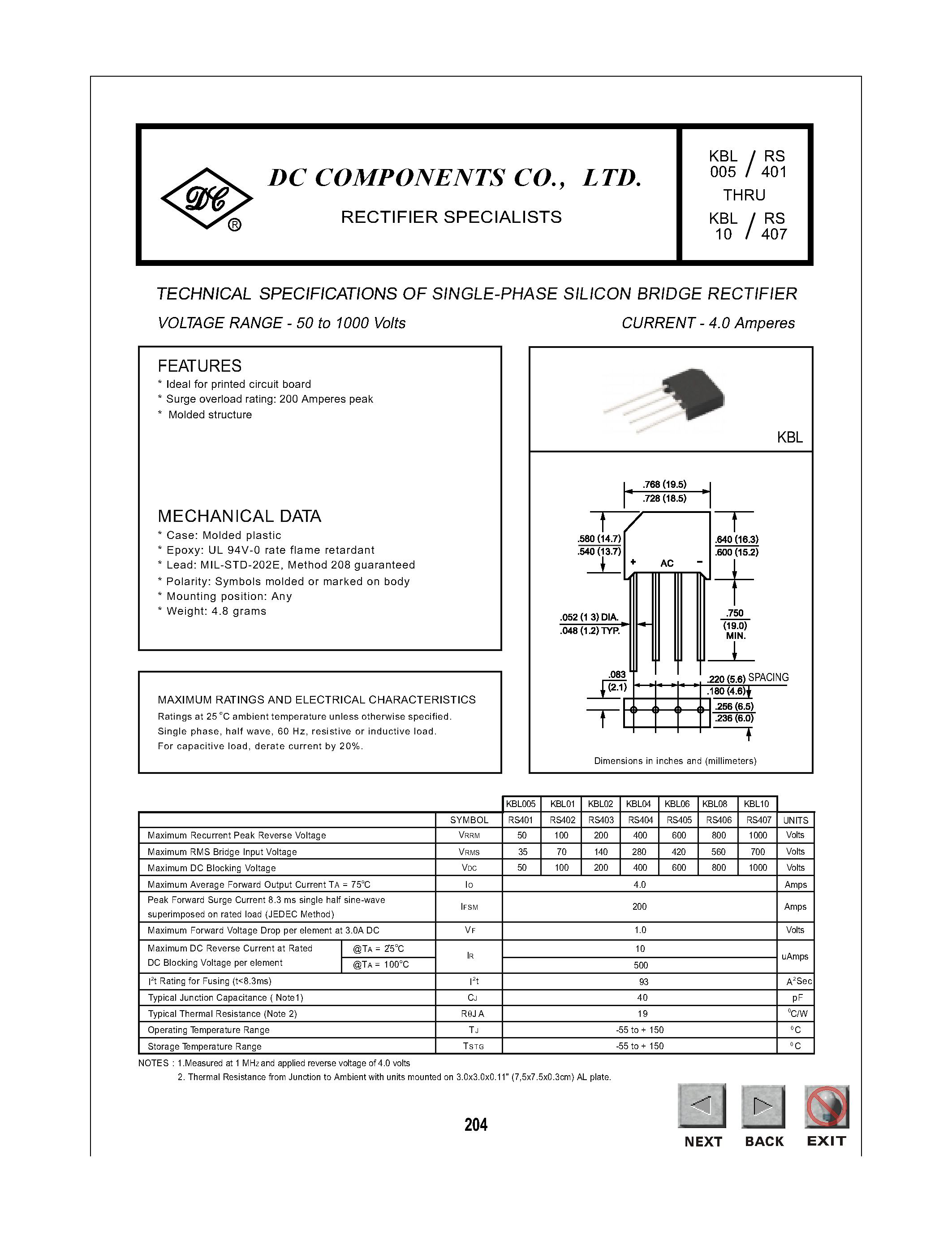 Datasheet KBL06 - TECHNICAL SPECIFICATIONS OF SINGLE-PHASE SILICON BRIDGE RECTIFIER page 1