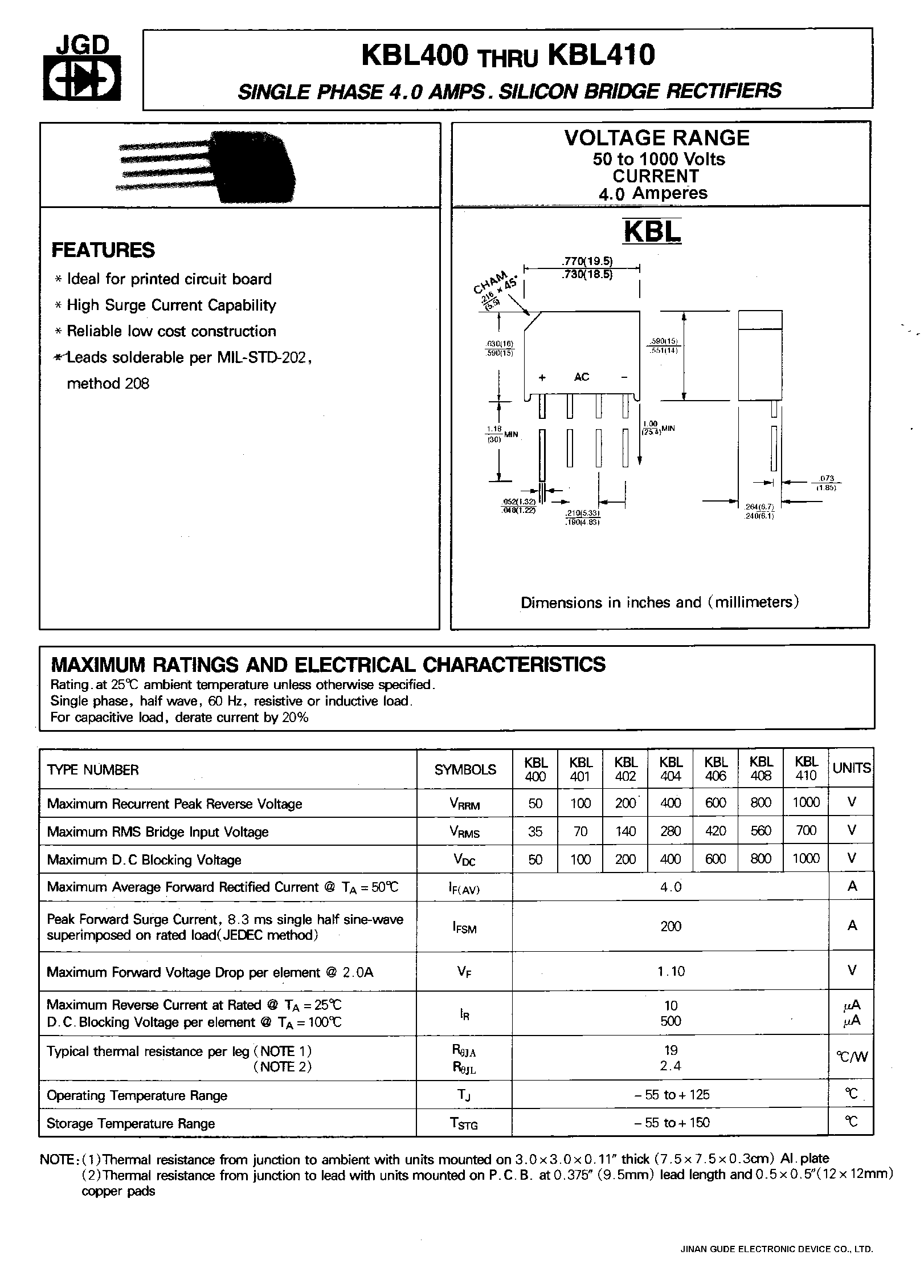 Datasheet KBL400 - SINGLE PHASE 4.0 AMPS. SILICON BRIDGE RECTIFIERS page 1