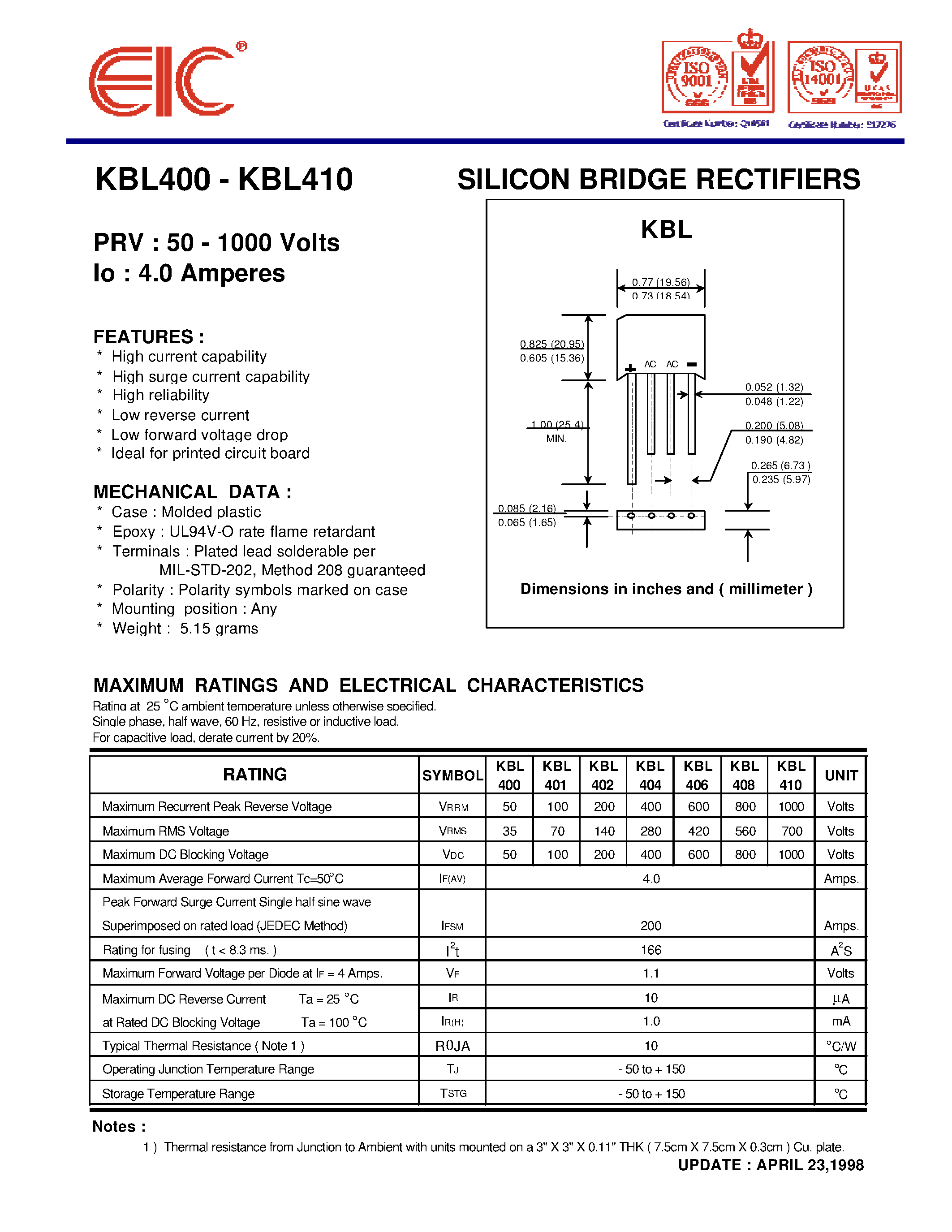 Datasheet KBL400 - SILICON BRIDGE RECTIFIERS page 1