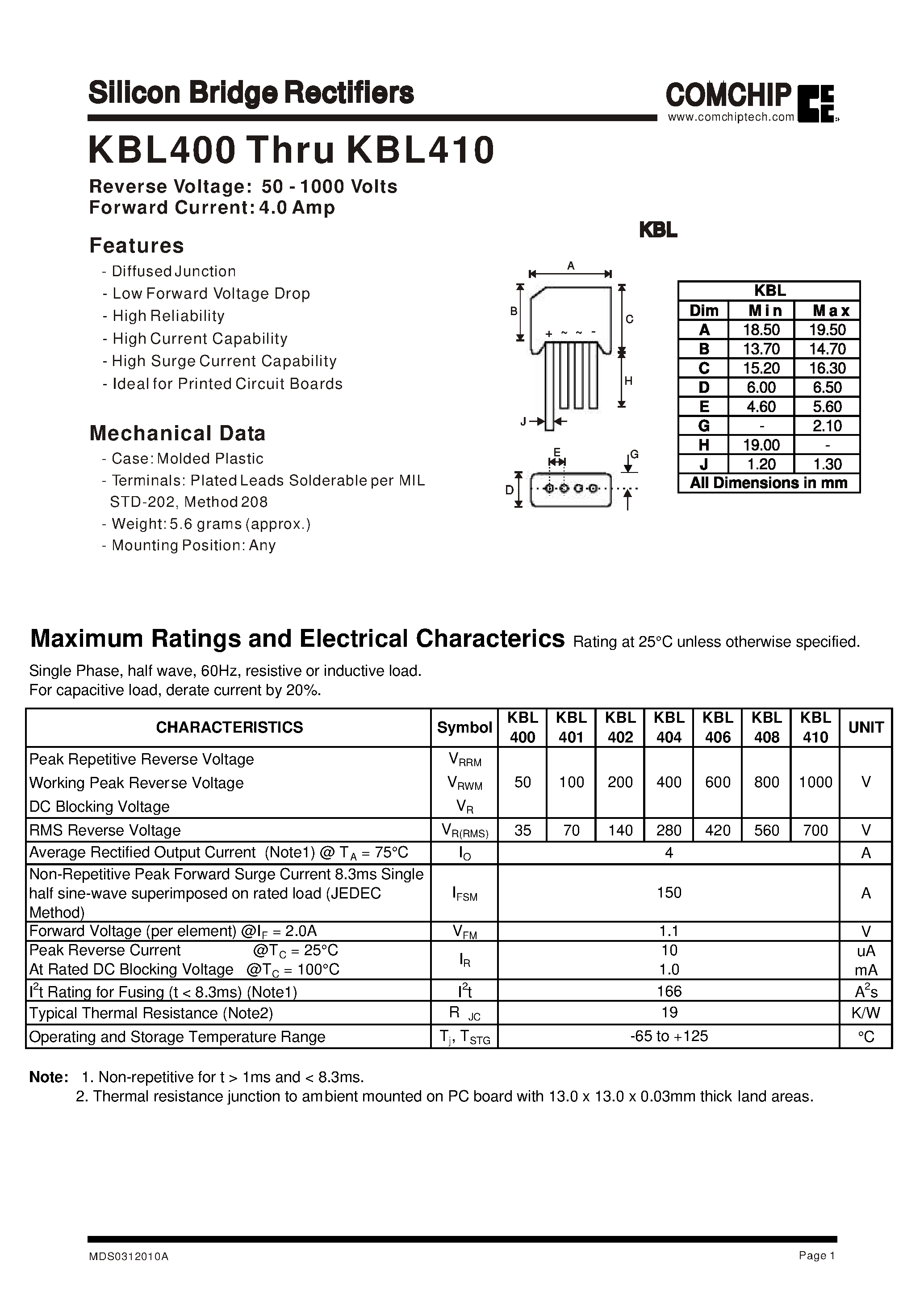 Datasheet KBL400 - Silicon Bridge Rectifiers page 1