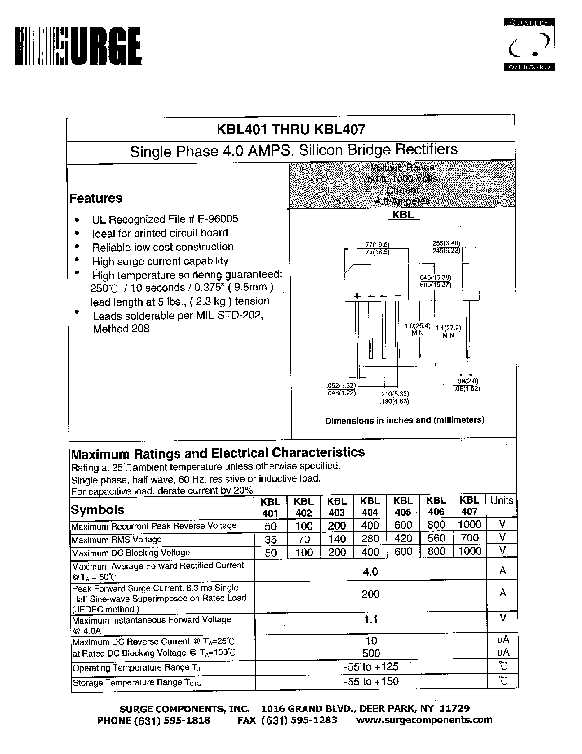 Datasheet KBL401 - Single Phase 4.0 AMPS. Silicon Bridge Rectifiers page 1