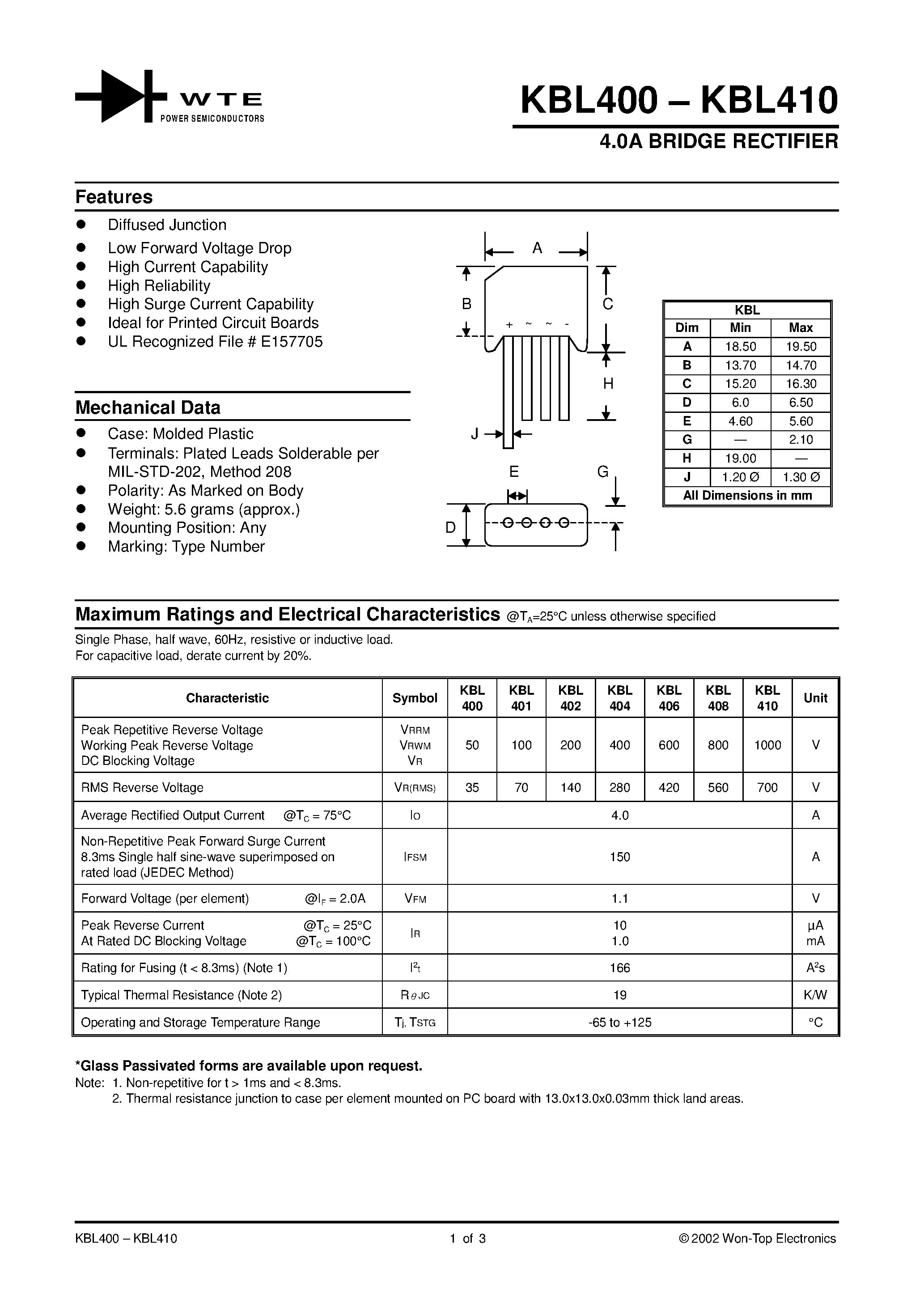 Datasheet KBL401 - 4.0A BRIDGE RECTIFIER page 1