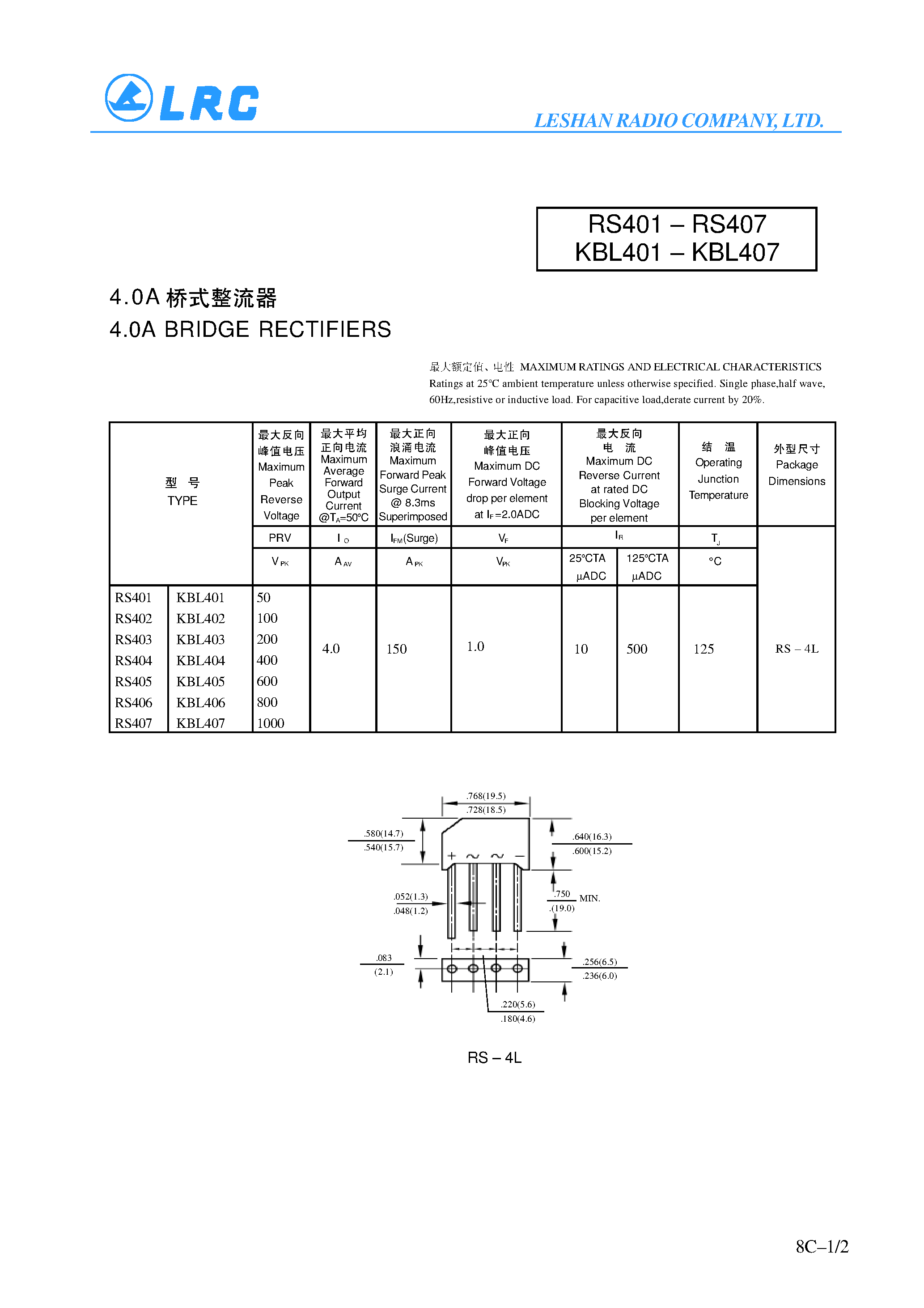 Datasheet KBL401 - 4.0A BRIDGE RECTIFIERS page 1