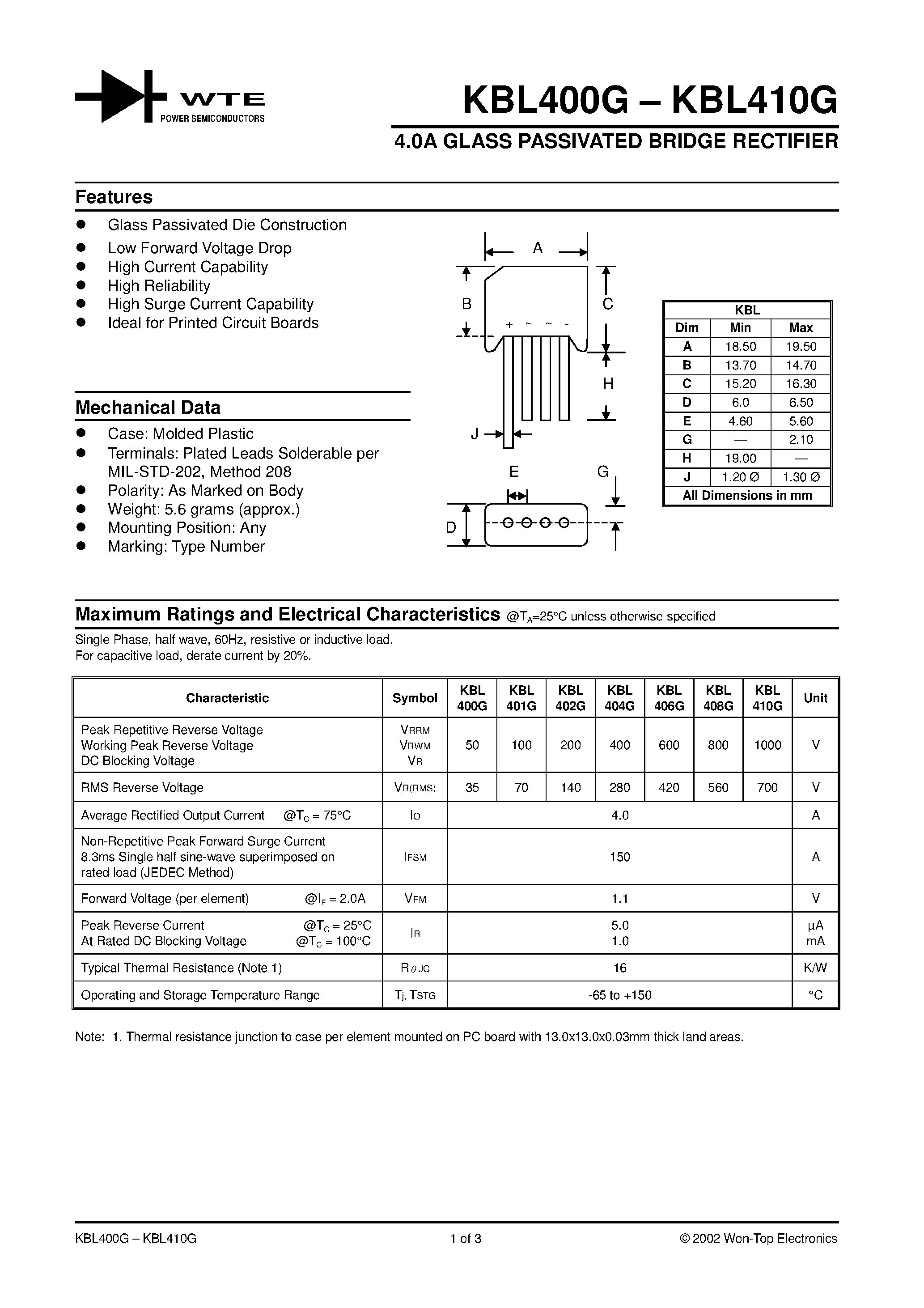 Datasheet KBL404G - 4.0A GLASS PASSIVATED BRIDGE RECTIFIER page 1