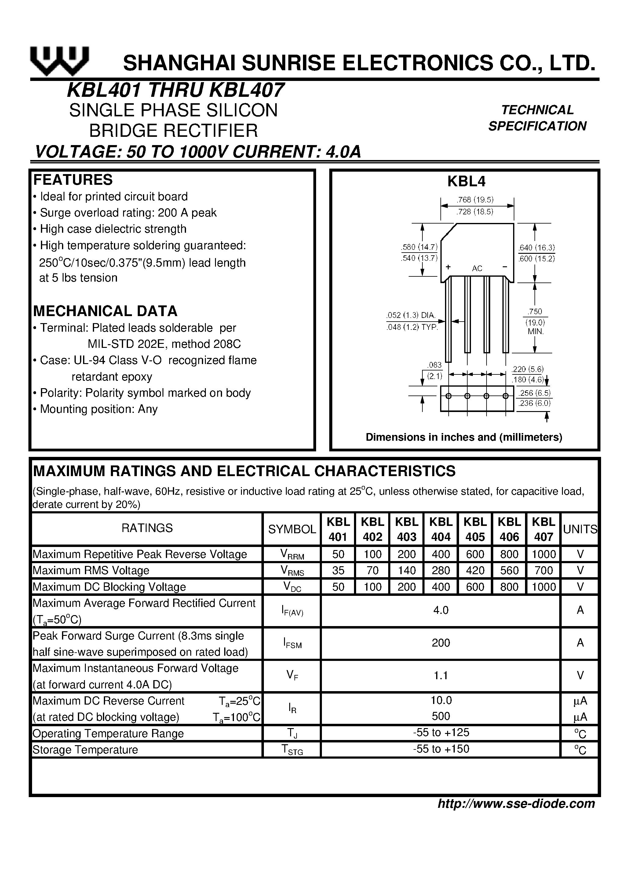 Datasheet KBL405 - SINGLE PHASE SILICON BRIDGE RECTIFIER page 1