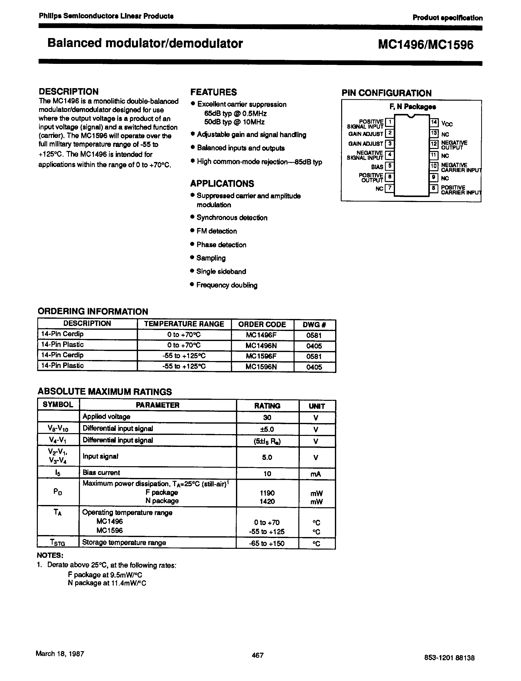 Datasheet MC1596 - Balanced Modulator / Demodulator page 1