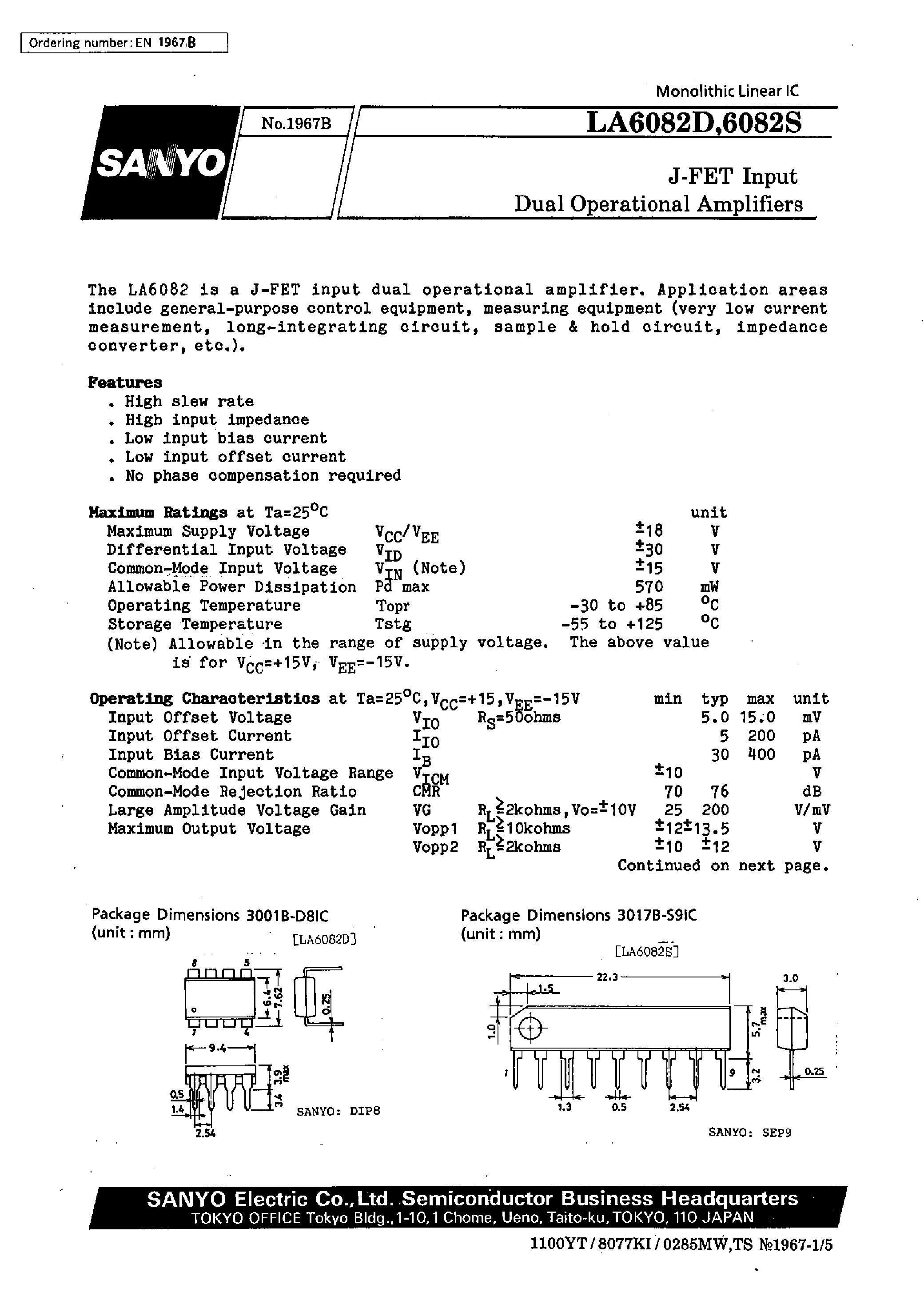 Даташит LA6082D - J-FET Input Dual Operational Amplifiers страница 1