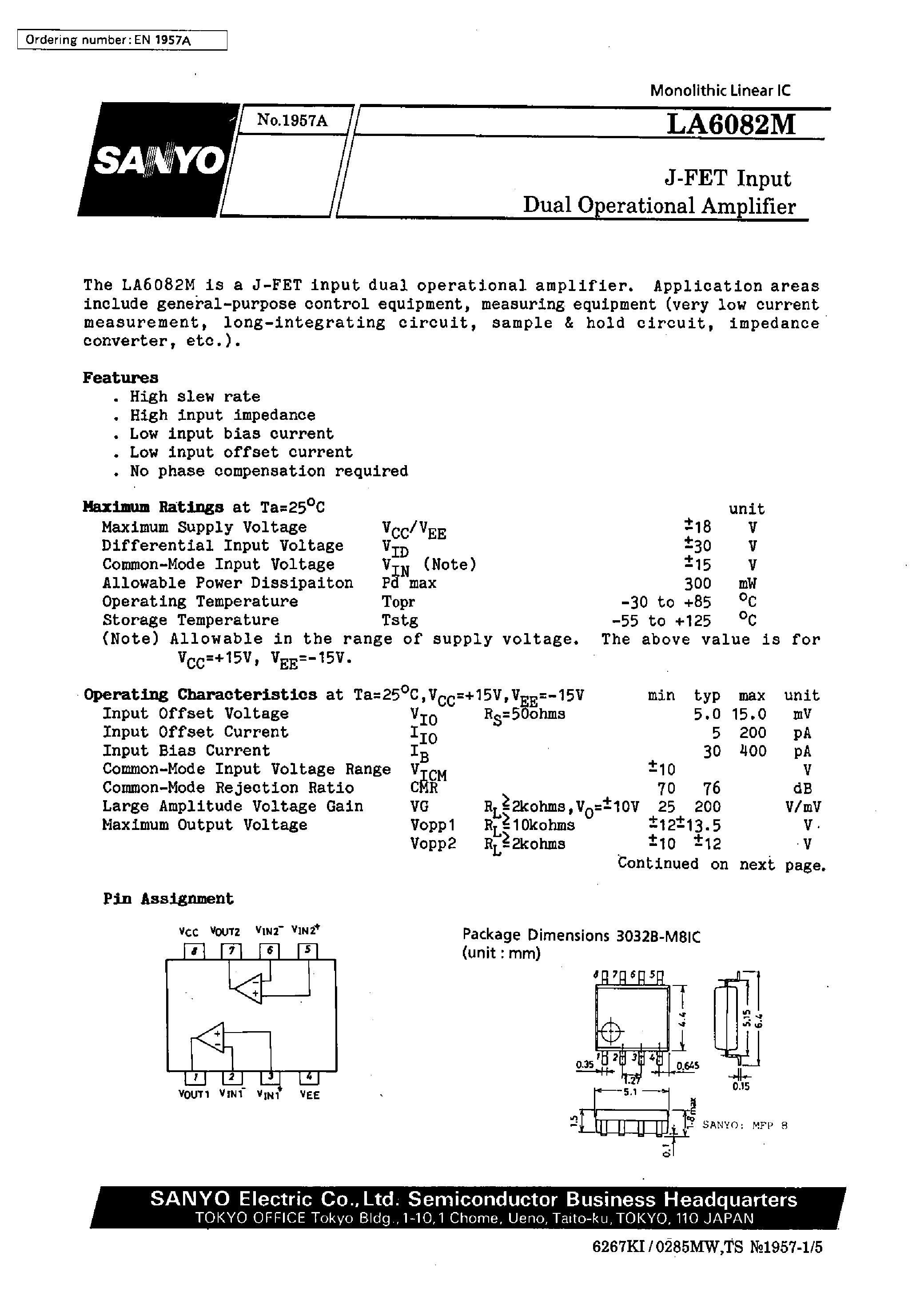 Даташит LA6082M - J-FET Input Dual Operational Amplifier страница 1