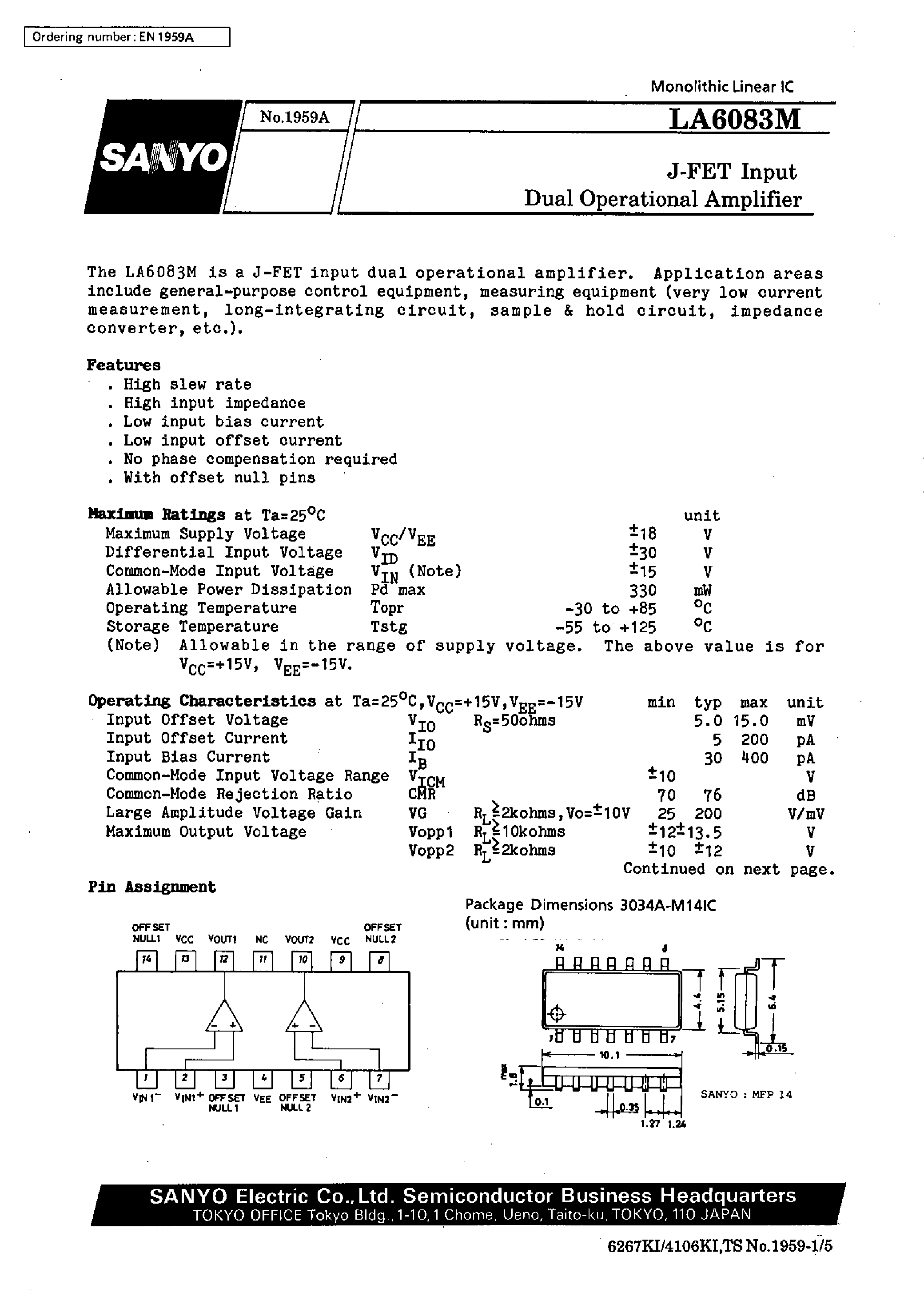 Даташит LA6083M - J-FET Input Dual Operational Amplifier страница 1