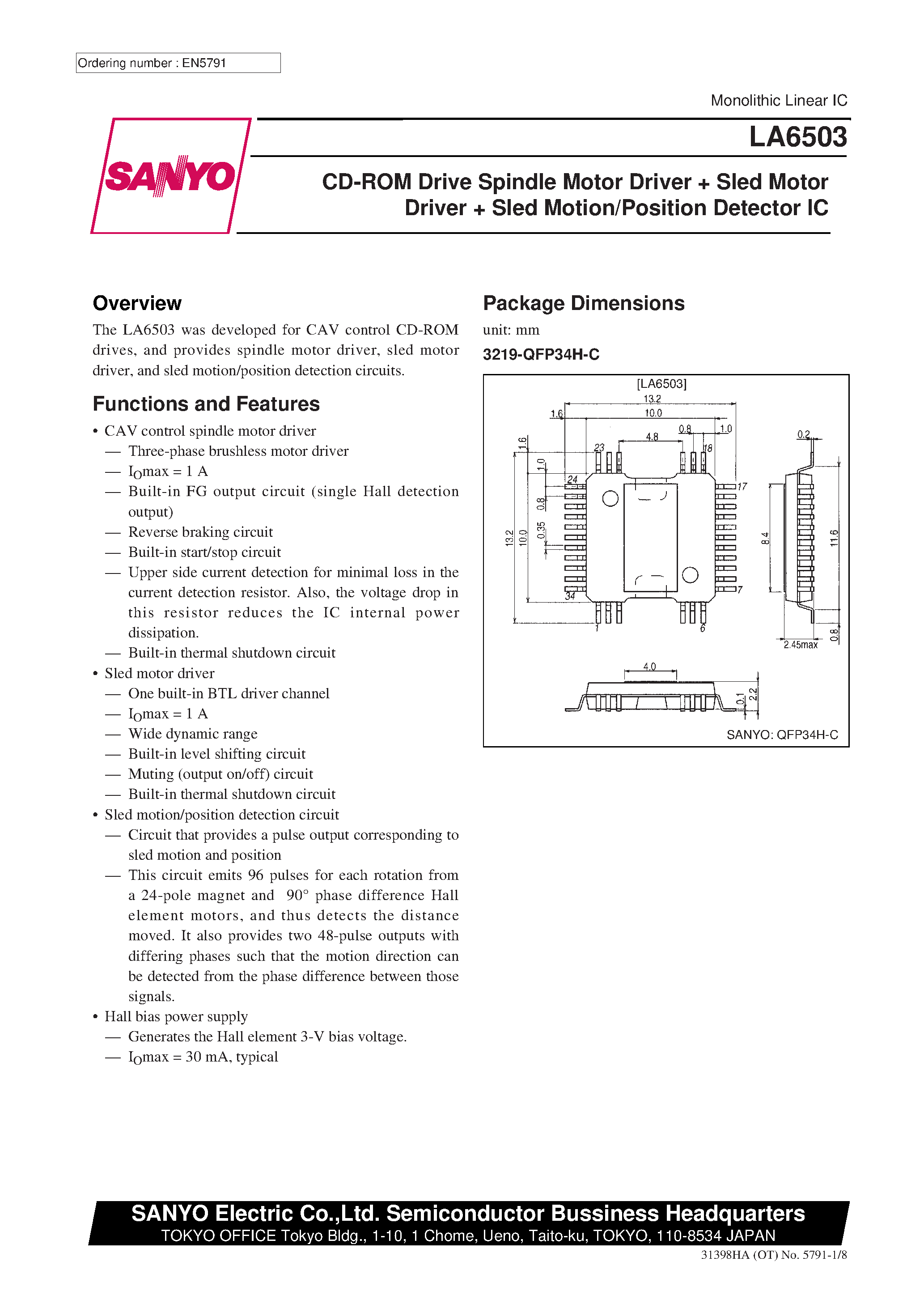 Даташит LA6503 - CD-ROM Drive Spindle Motor Driver + Sled Motor Driver + Sled Motion/Position Detector IC страница 1