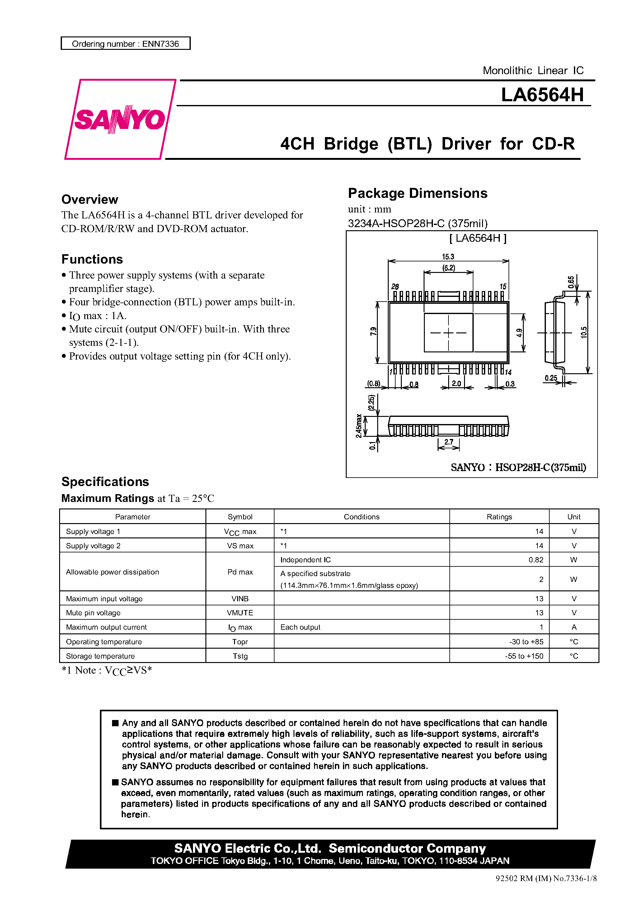 Datasheet LA6564H - 4CH Bridge (BTL) Driver for CD-R page 1