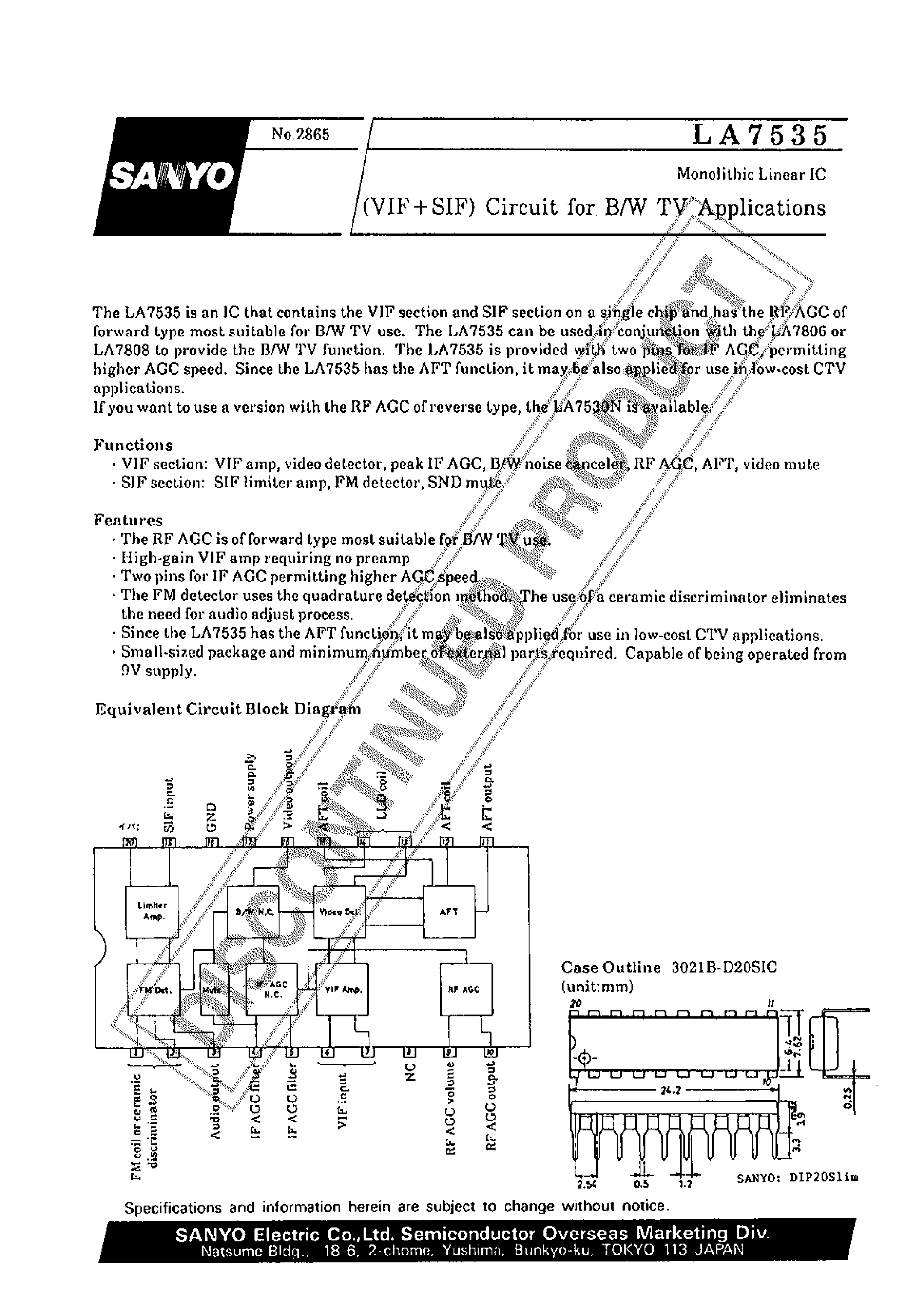 Datasheet LA7535 - CIRCUIT FOR B/W TV APPLICATIONS page 1