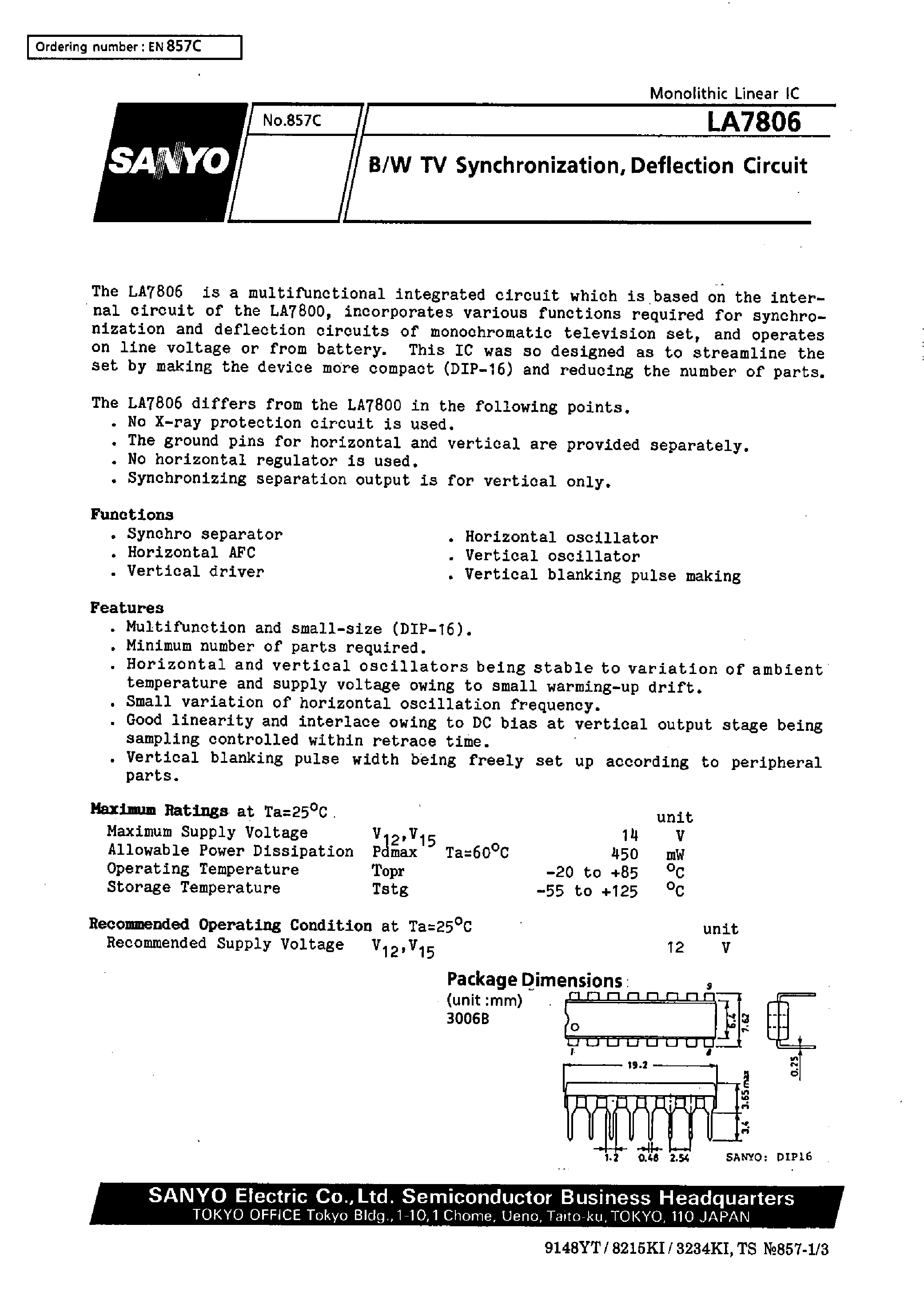 Datasheet LA7806 - B/W TV Synchronization / Deflection Circuit page 1