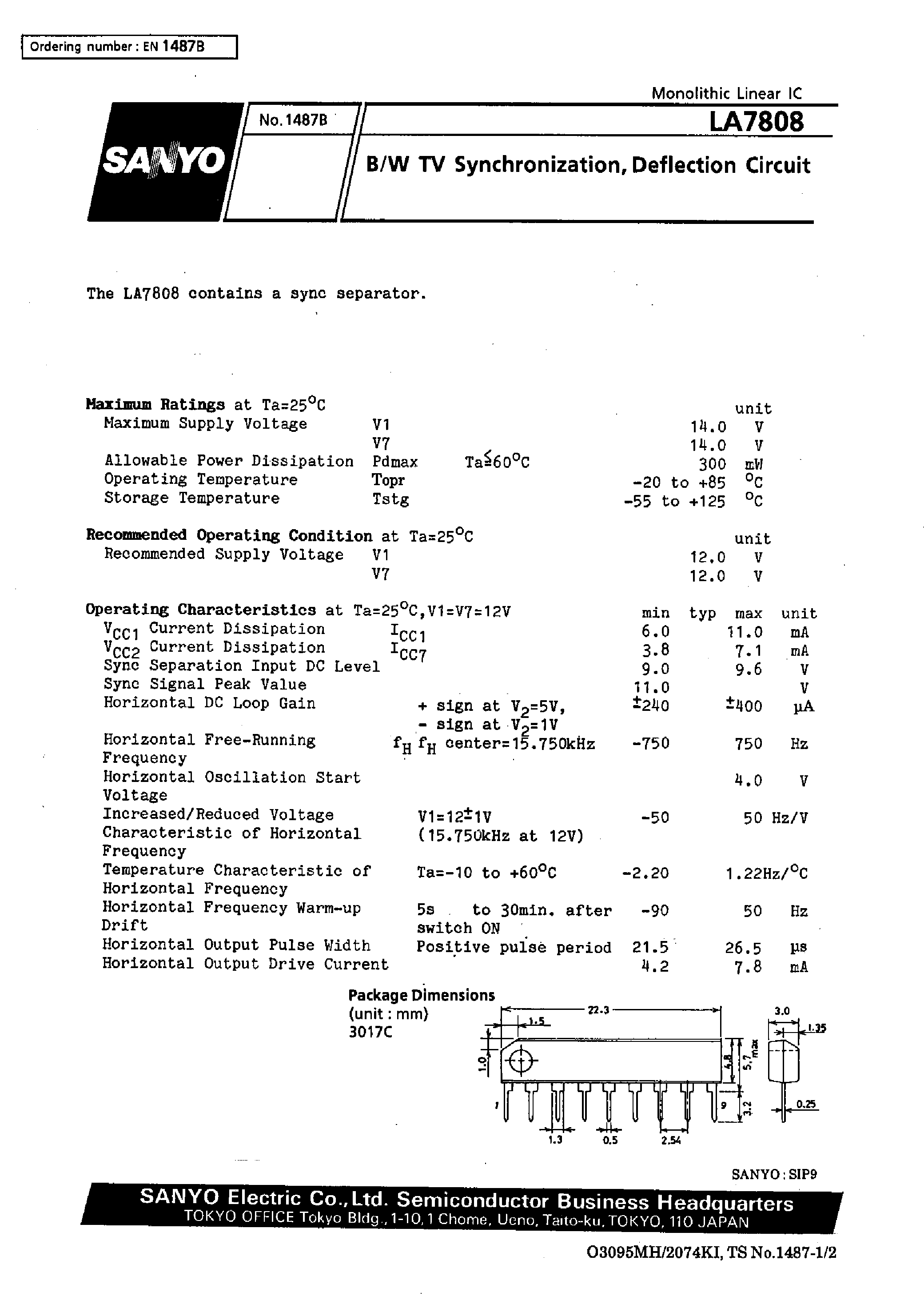 Datasheet LA7808 - B/W TV Synchronization / Deflection Circuit page 1