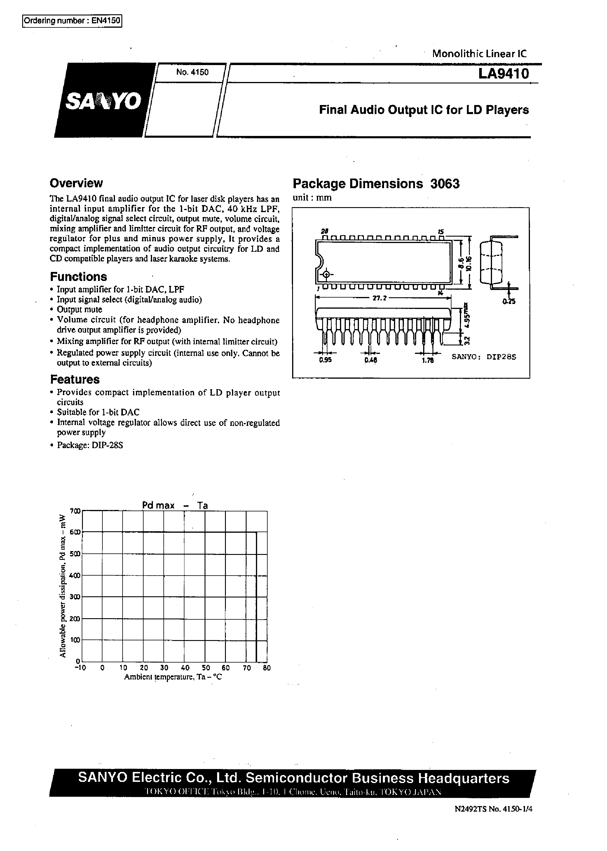 Даташит LA9410 - Final Audio Output IC for LD Players страница 1