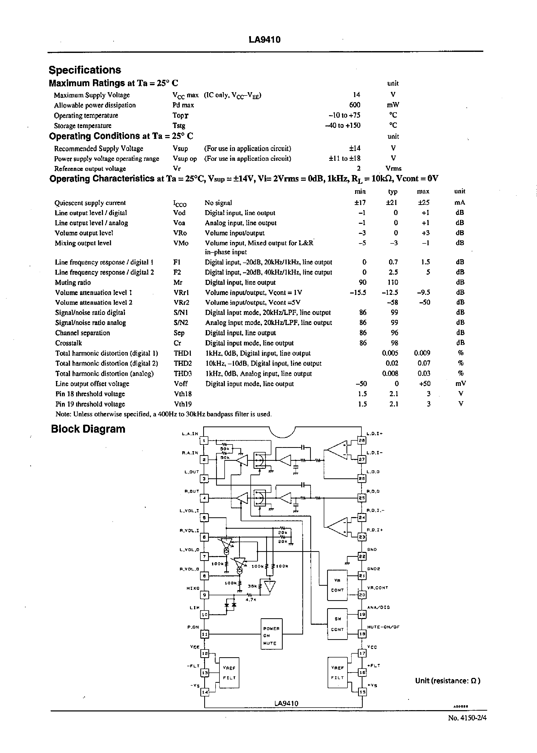 Даташит LA9410 - Final Audio Output IC for LD Players страница 2