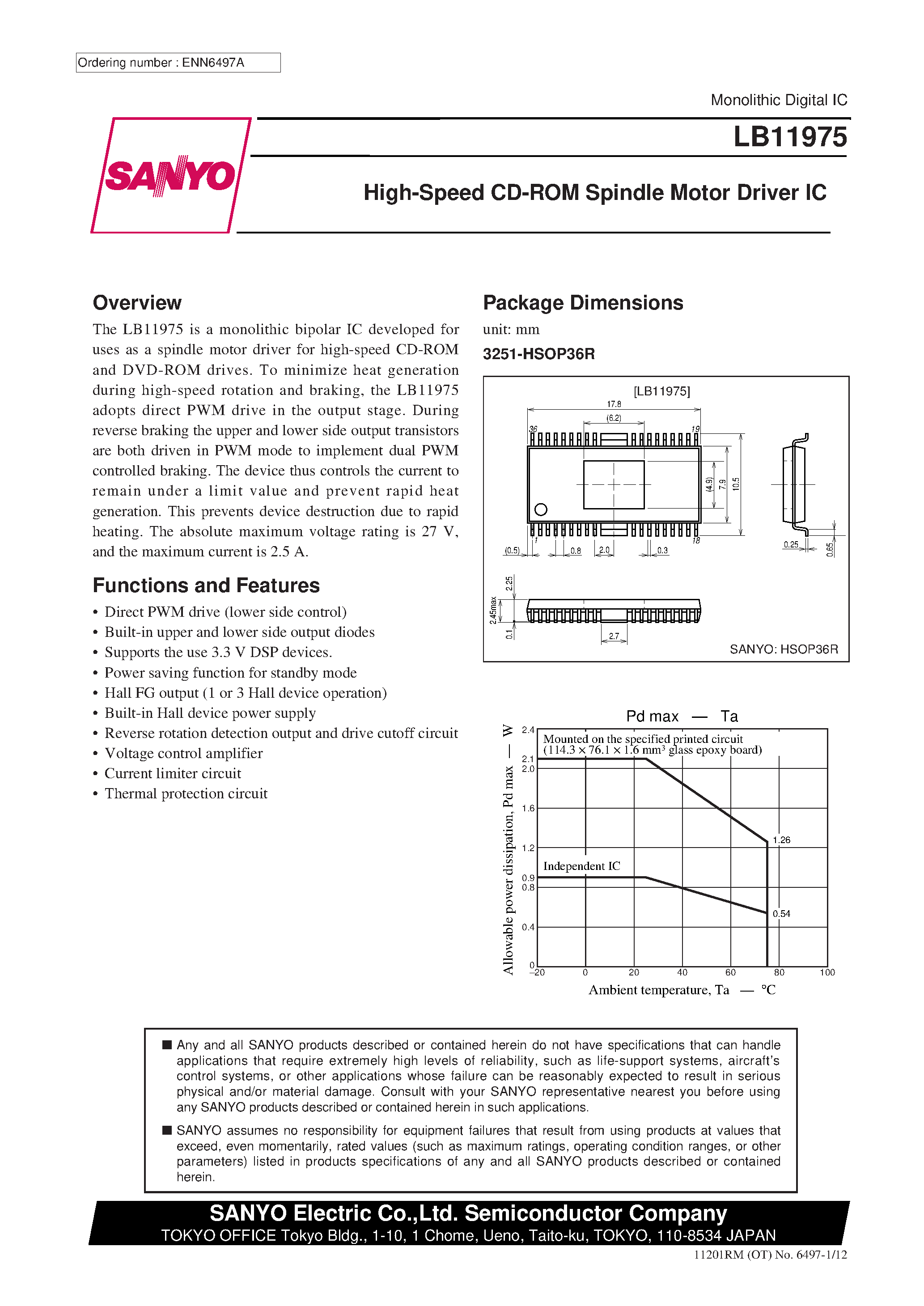 Даташит LB11975 - High-Speed CD-ROM Spindle Motor Driver IC страница 1