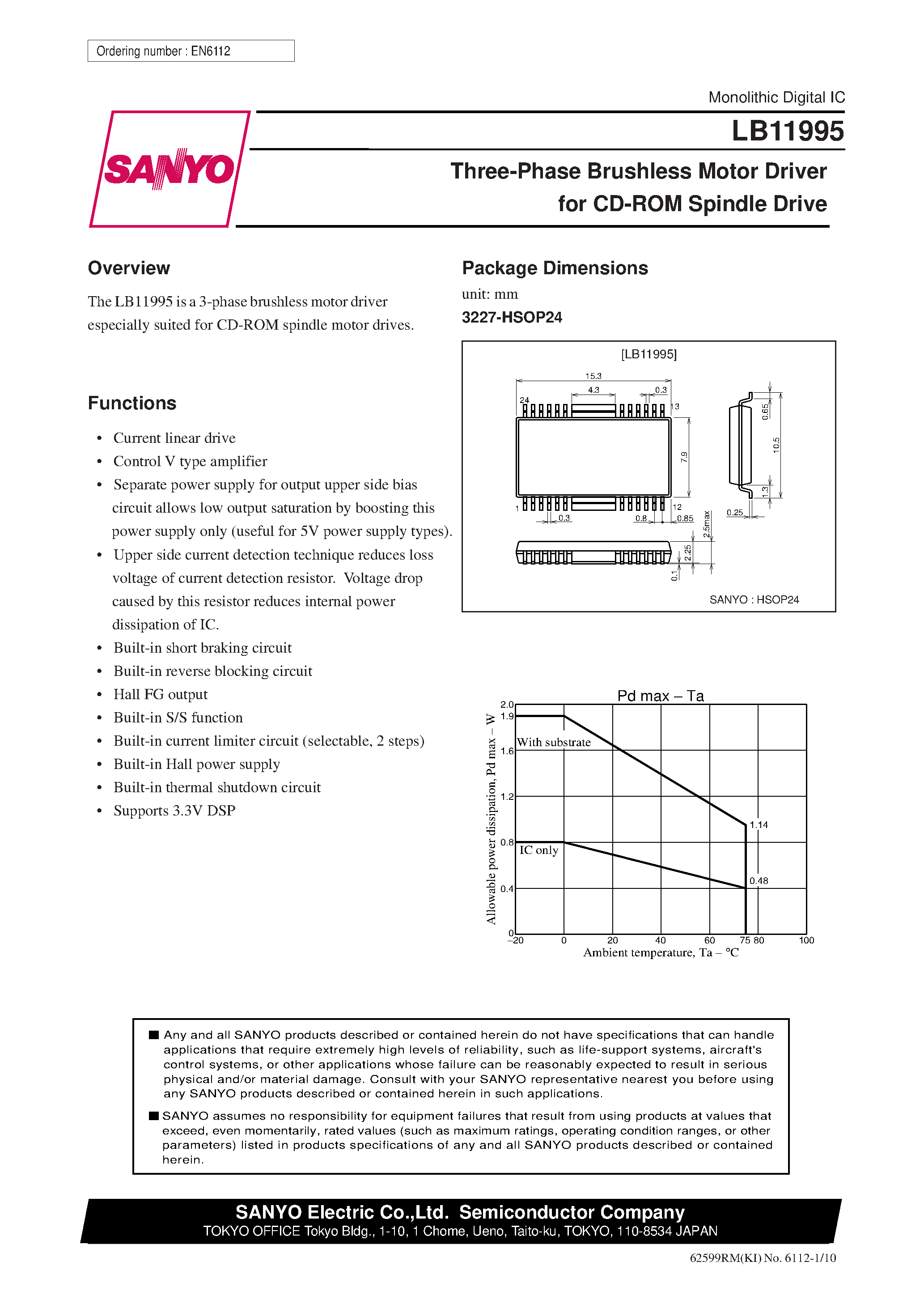 Даташит LB11995 - Three-Phase Brushless Motor Driver for CD-ROM Spindle Drive страница 1