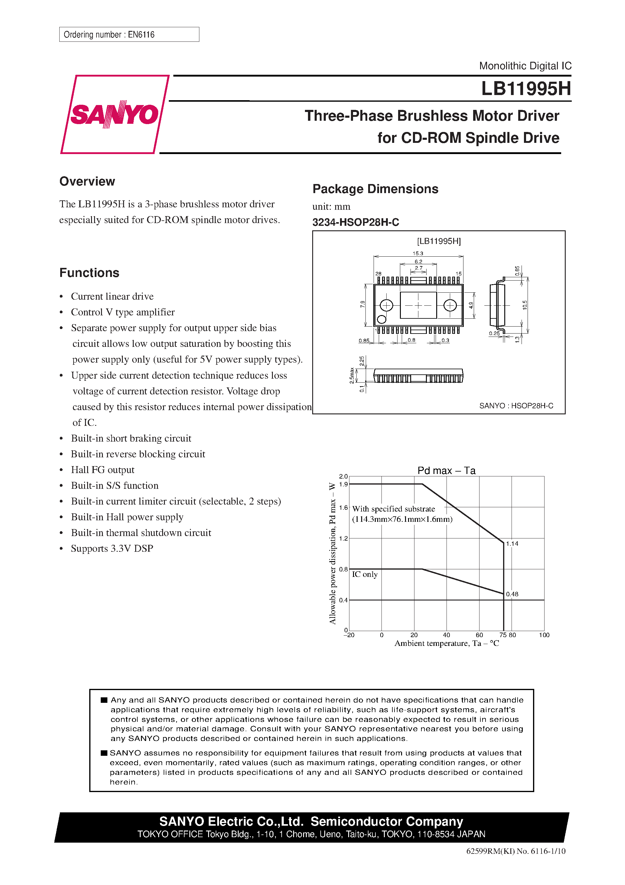 Даташит LB11995H - Three-Phase Brushless Motor Driver for CD-ROM Spindle Drive страница 1