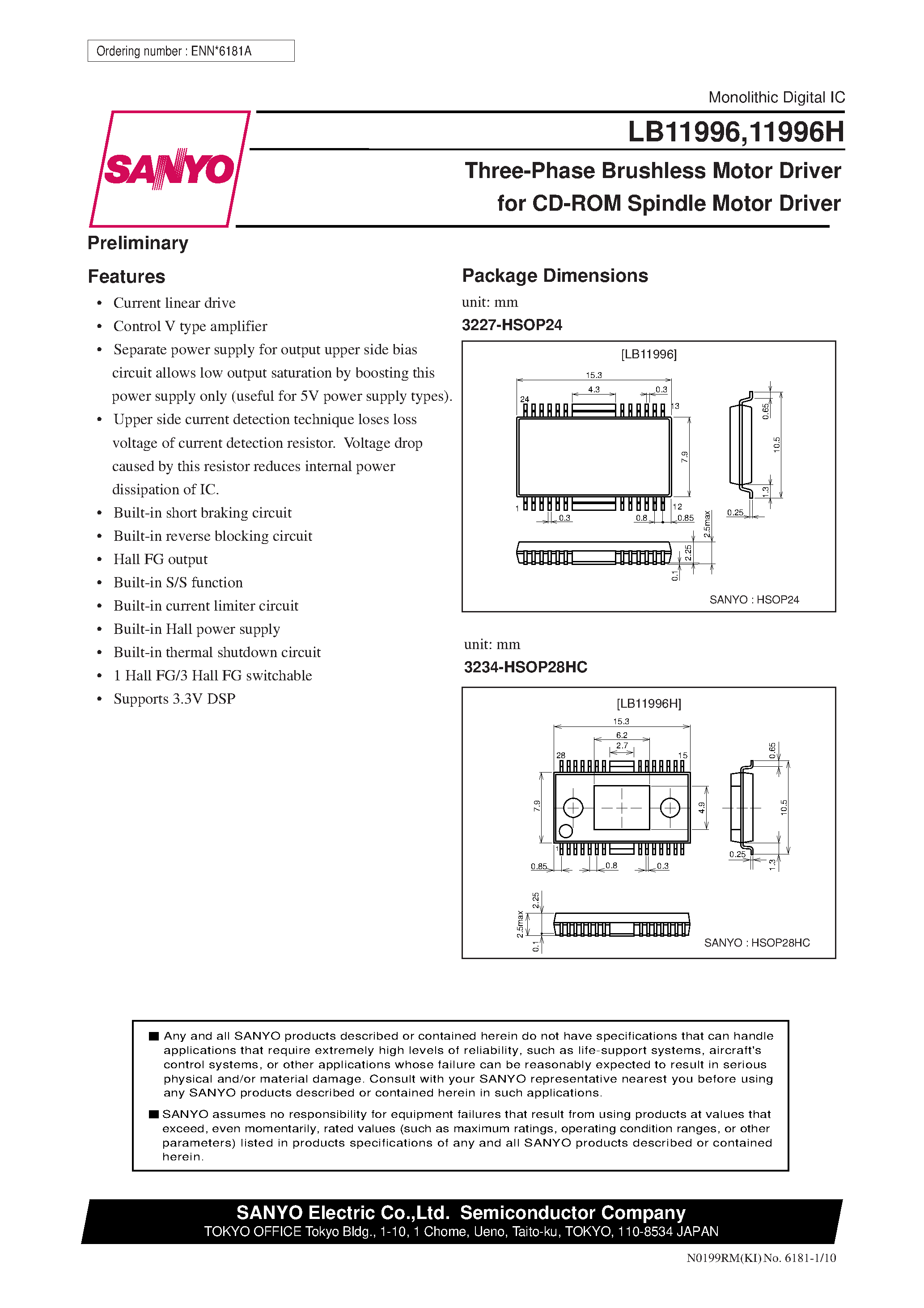 Даташит LB11996 - Three-Phase Brushless Motor Driver for CD-ROM Spindle Motor Driver страница 1