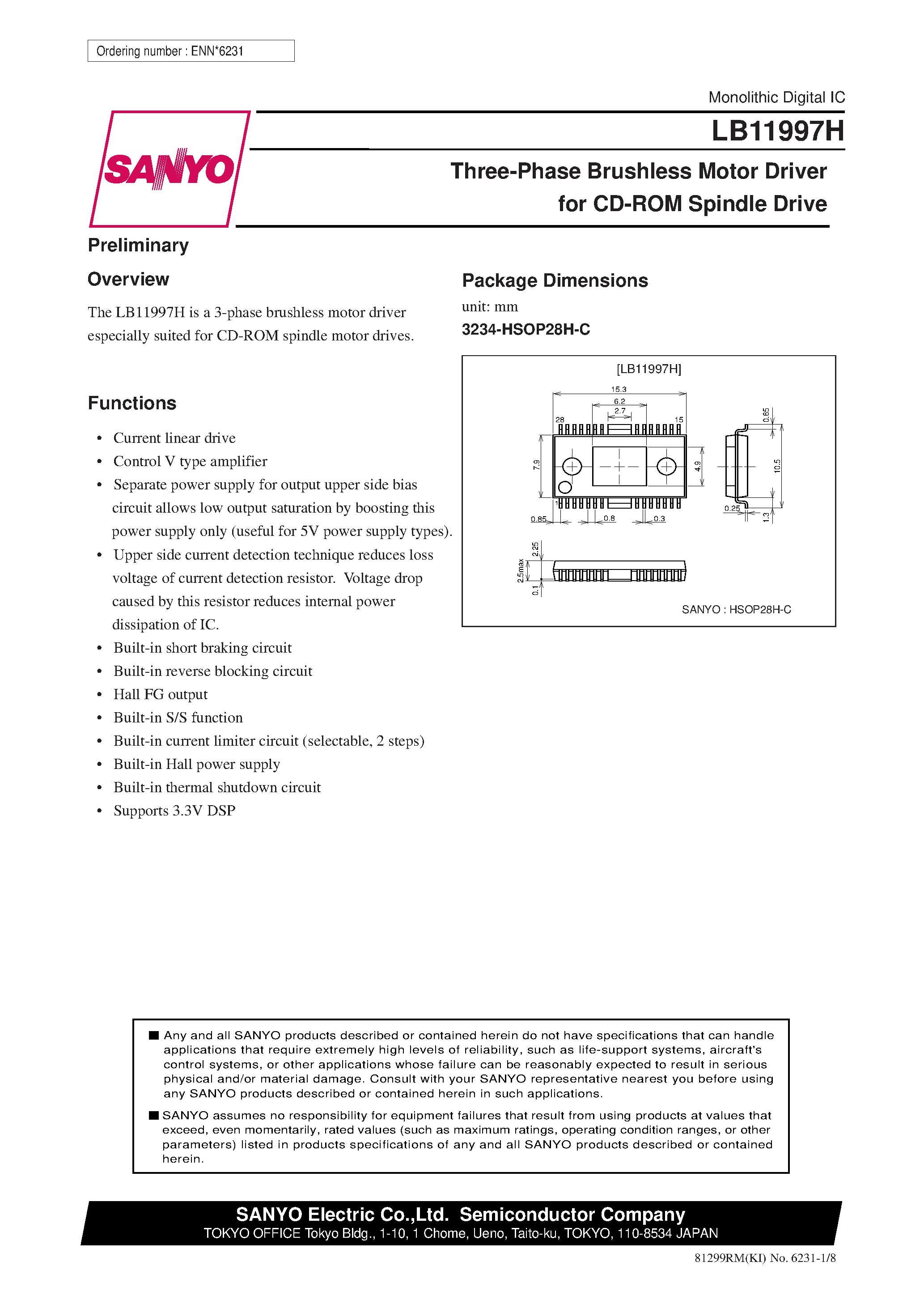 Даташит LB11997H - Three-Phase Brushless Motor Driver for CD-ROM Spindle Drive страница 1