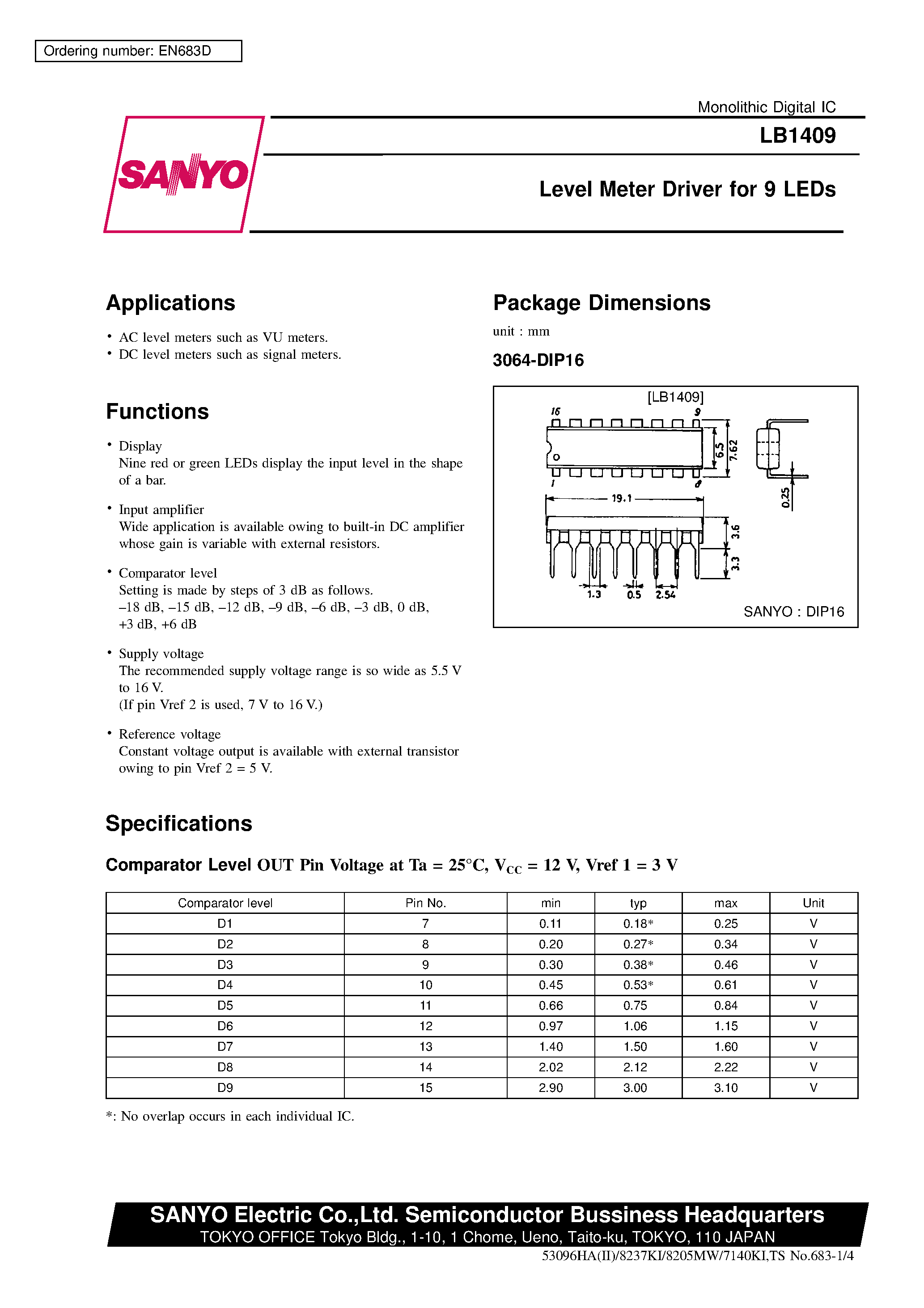 Даташит LB1409 - Level Meter Driver for 9 LEDs страница 1