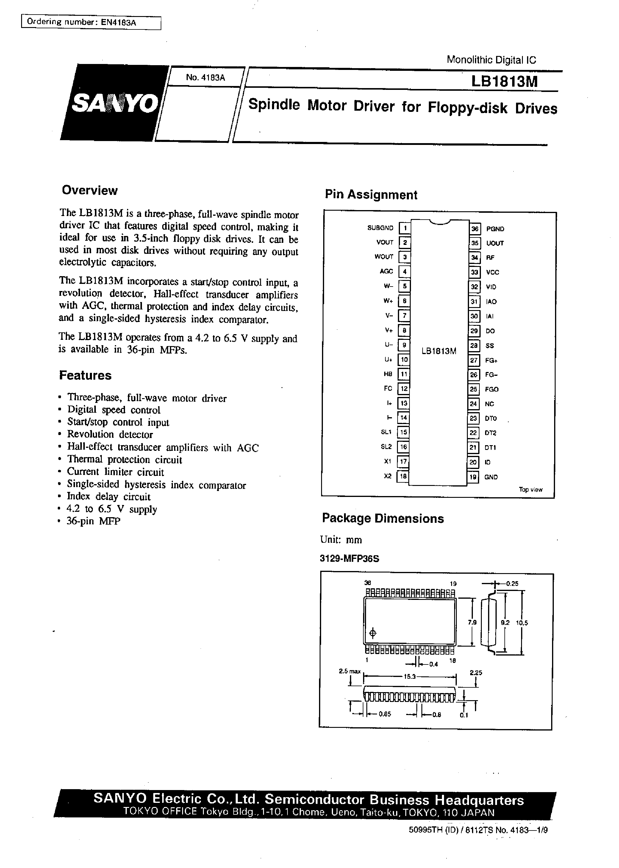 Даташит LB1813M - Spindle Motor Driver for Floppy-disk Drives страница 1