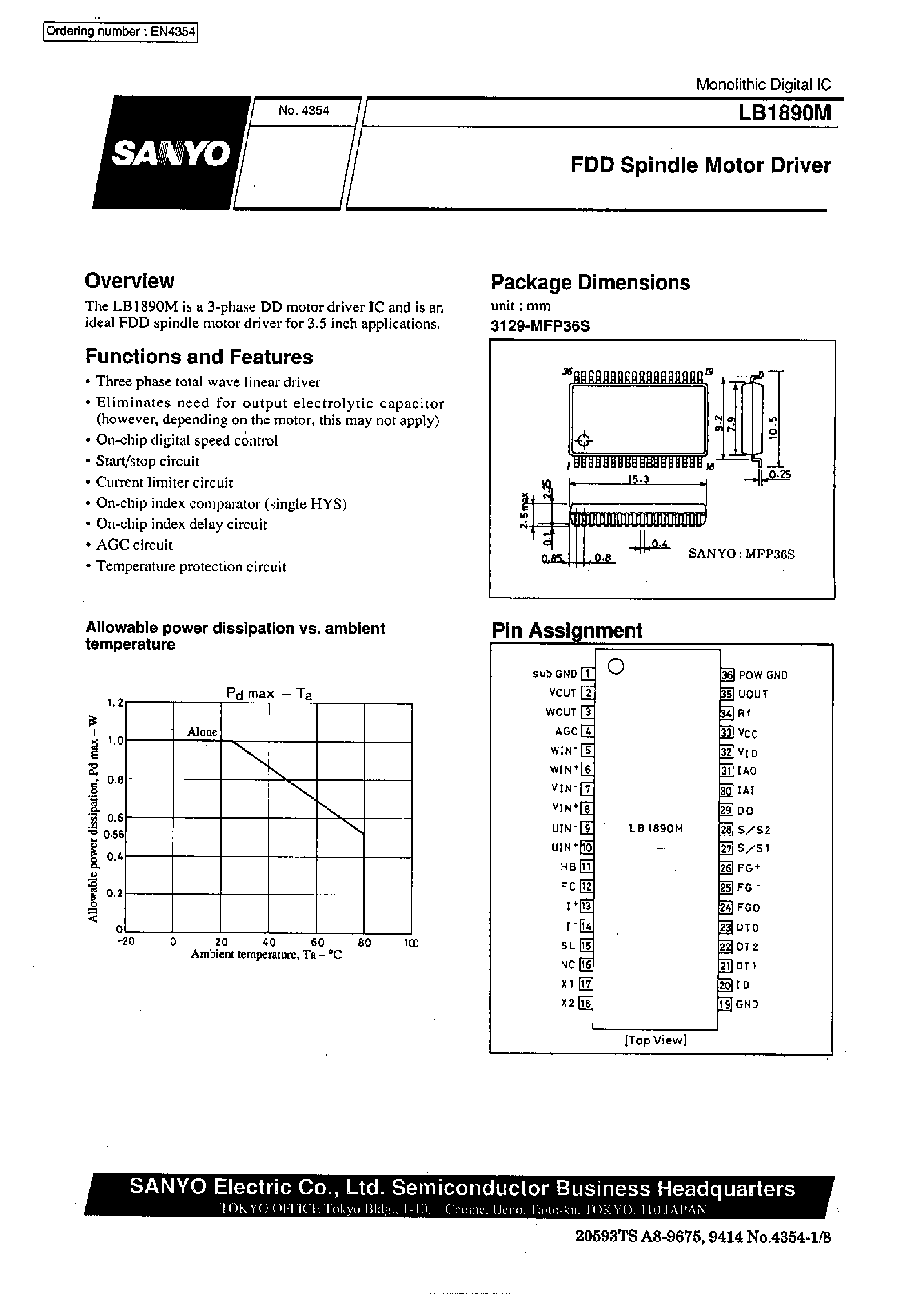 Datasheet LB1890M - FDD Spindle Motor Driver page 1